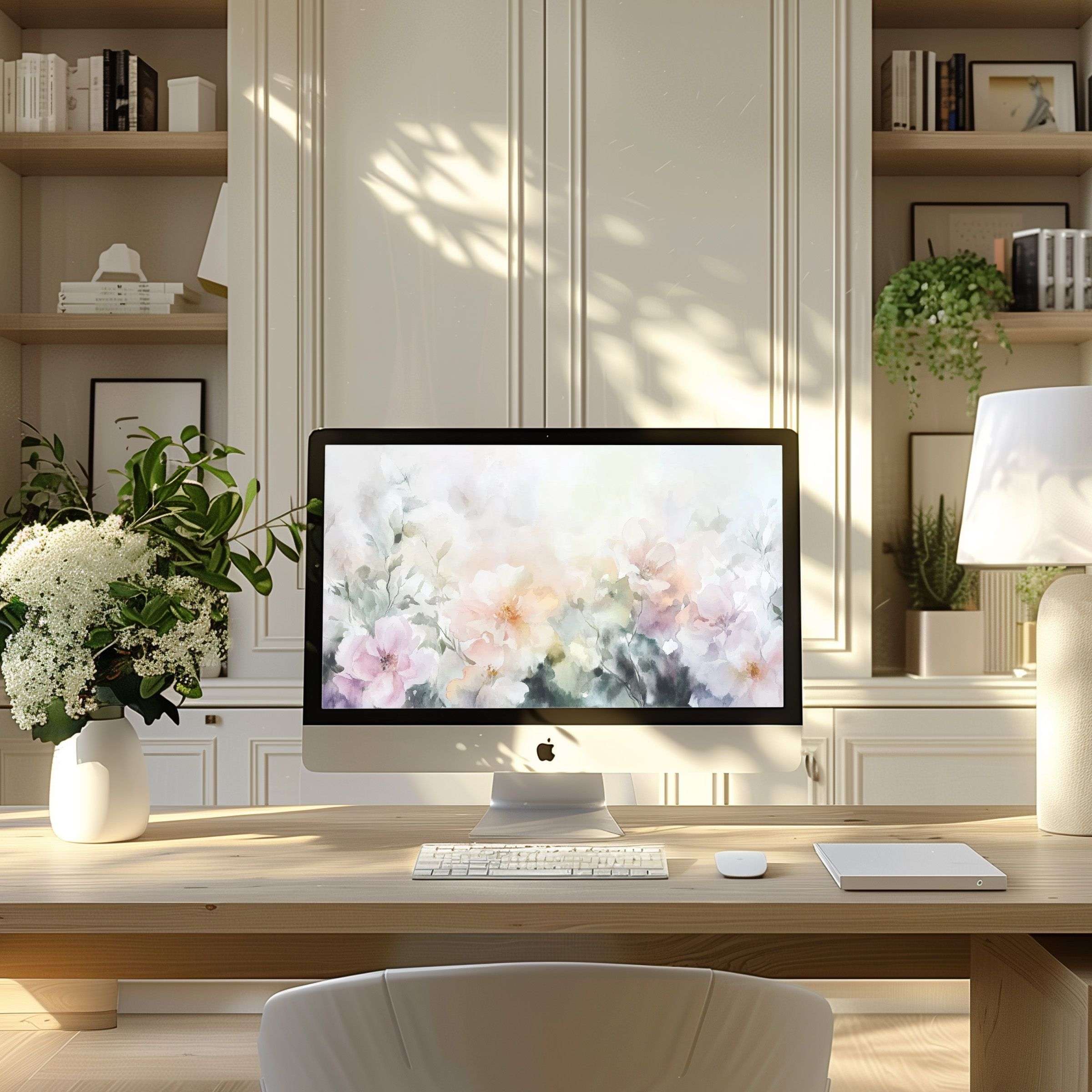 Floral watercolor wallpaper for computer exudes calm and elegance in a modern home office setting ideal for PC and Laptop use