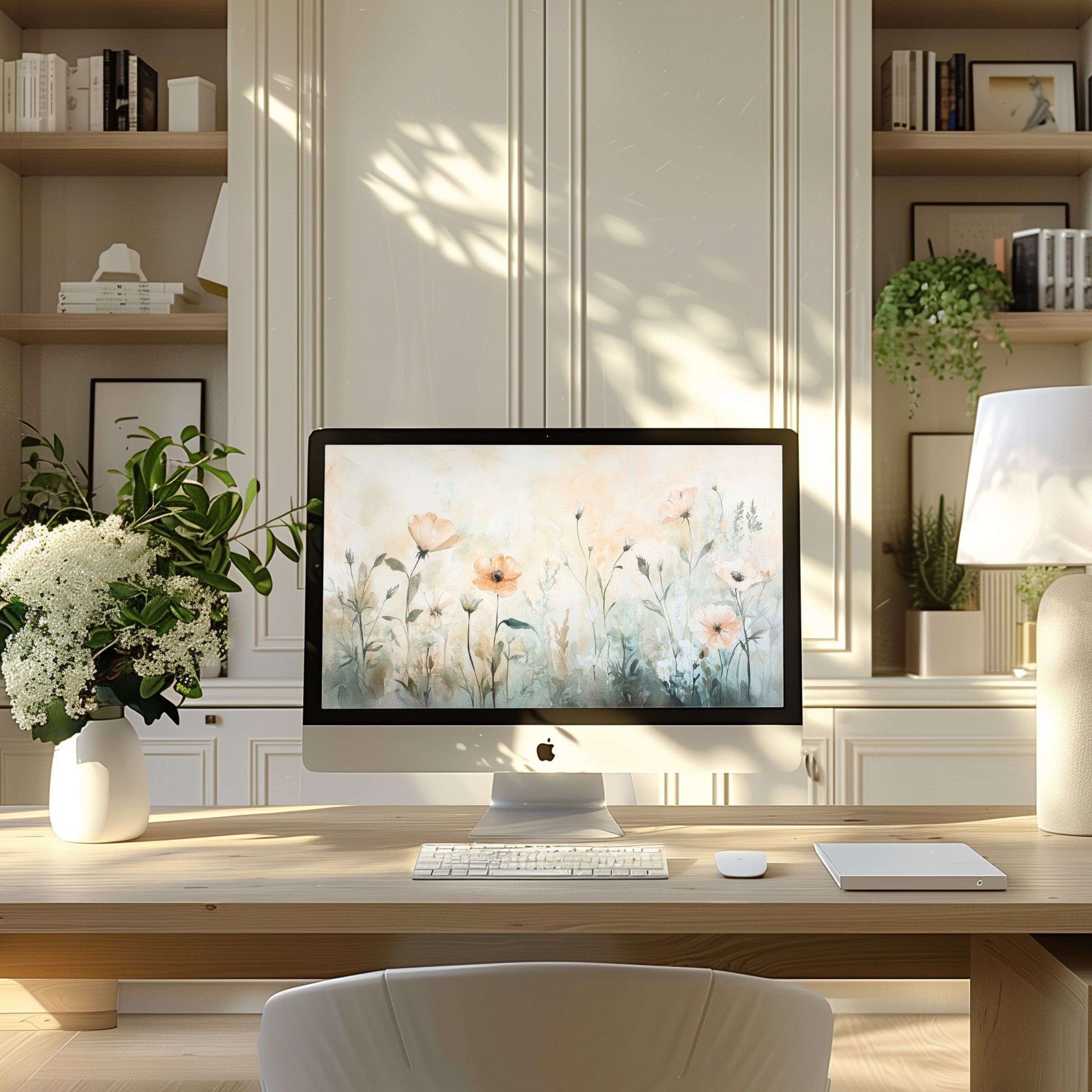 Delicate floral artwork wallpaper for computer offering elegance and calm to any modern home office ideal for PC or laptop display