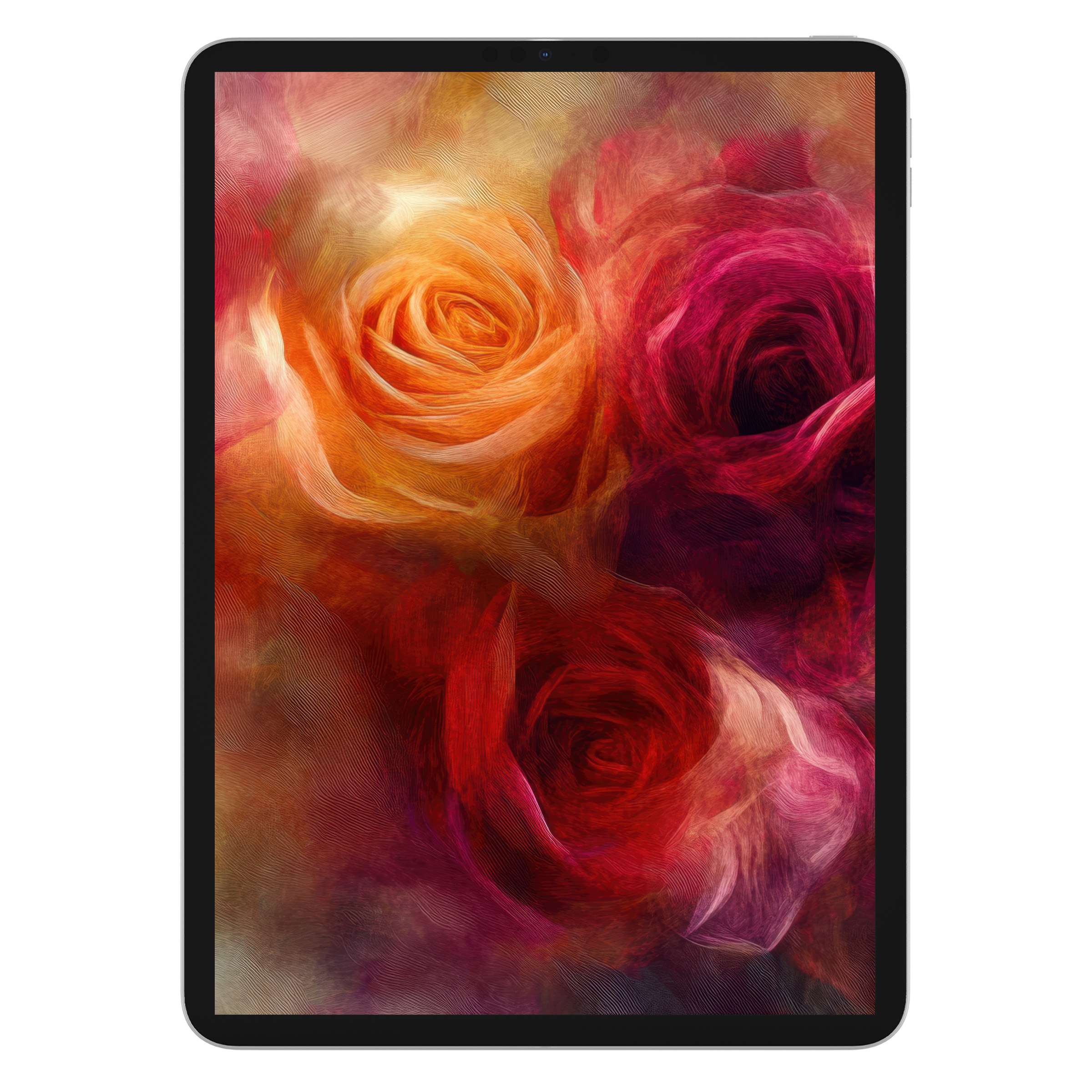 Elegant floral iPad wallpaper showcasing vibrant roses in red, orange, and pink hues, perfect digital download for tablet background use
