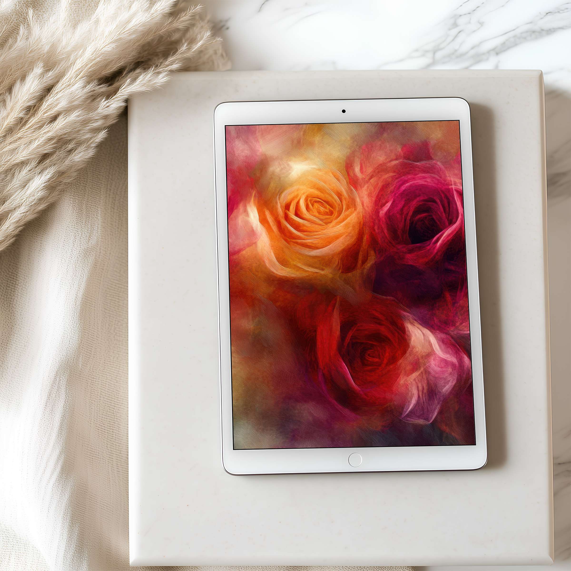Elegant tablet wallpaper with vibrant roses in soft pastel tones for high resolution iPad and Android tablets, digital download