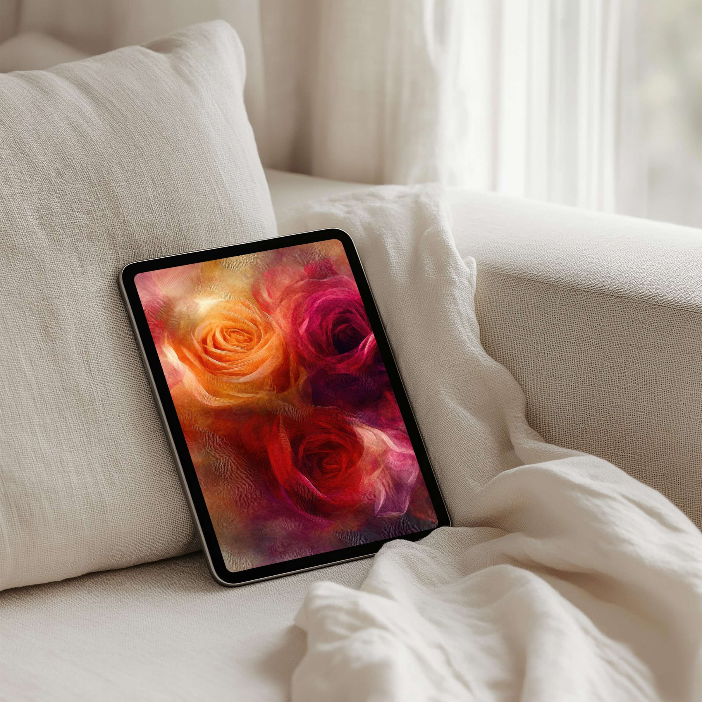 Elegant floral iPad background on a cozy couch offers instant download, inspiring calm and mindfulness for any tablet user