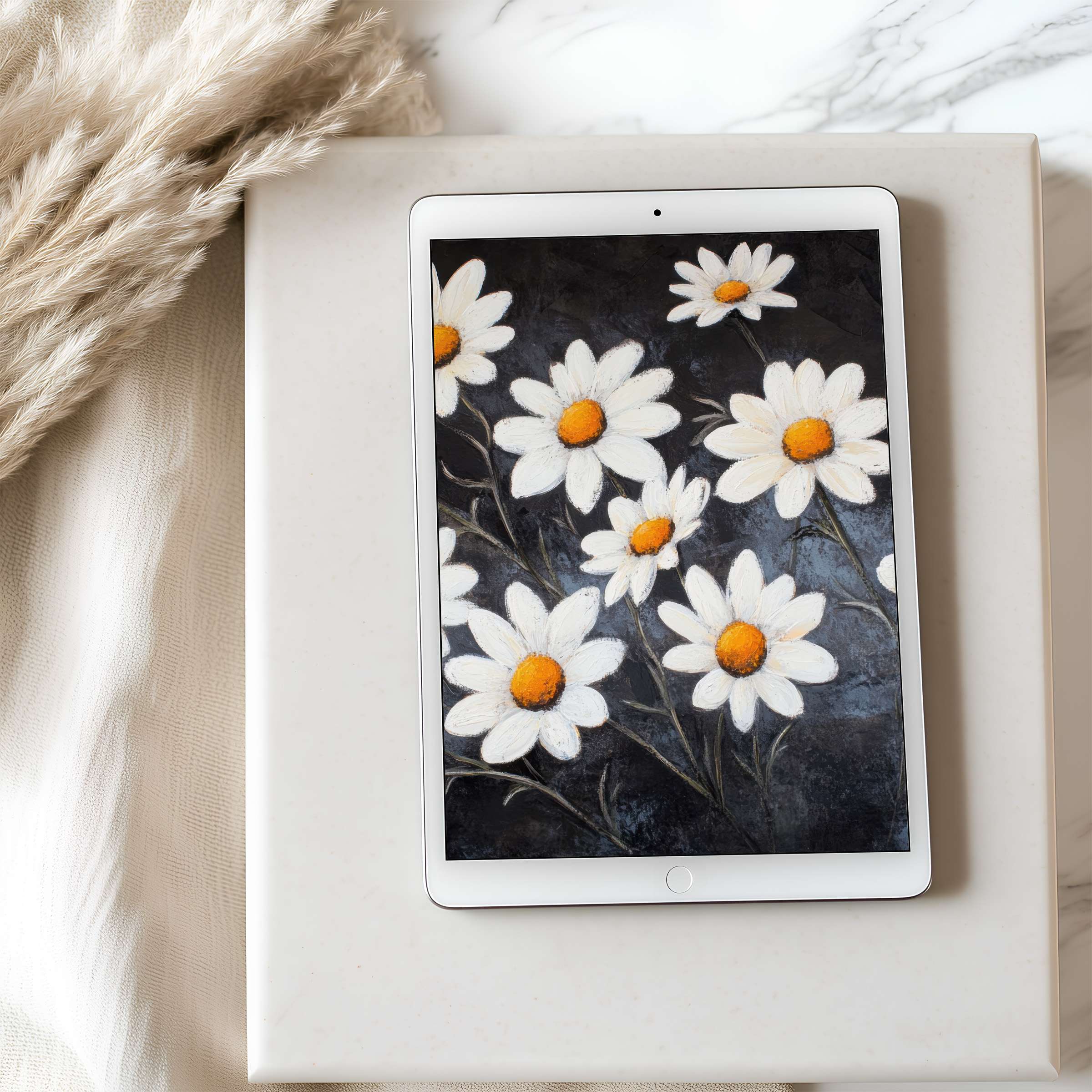 Elegant tablet wallpaper with white daisies against a dark background, perfect high resolution design for calming digital download