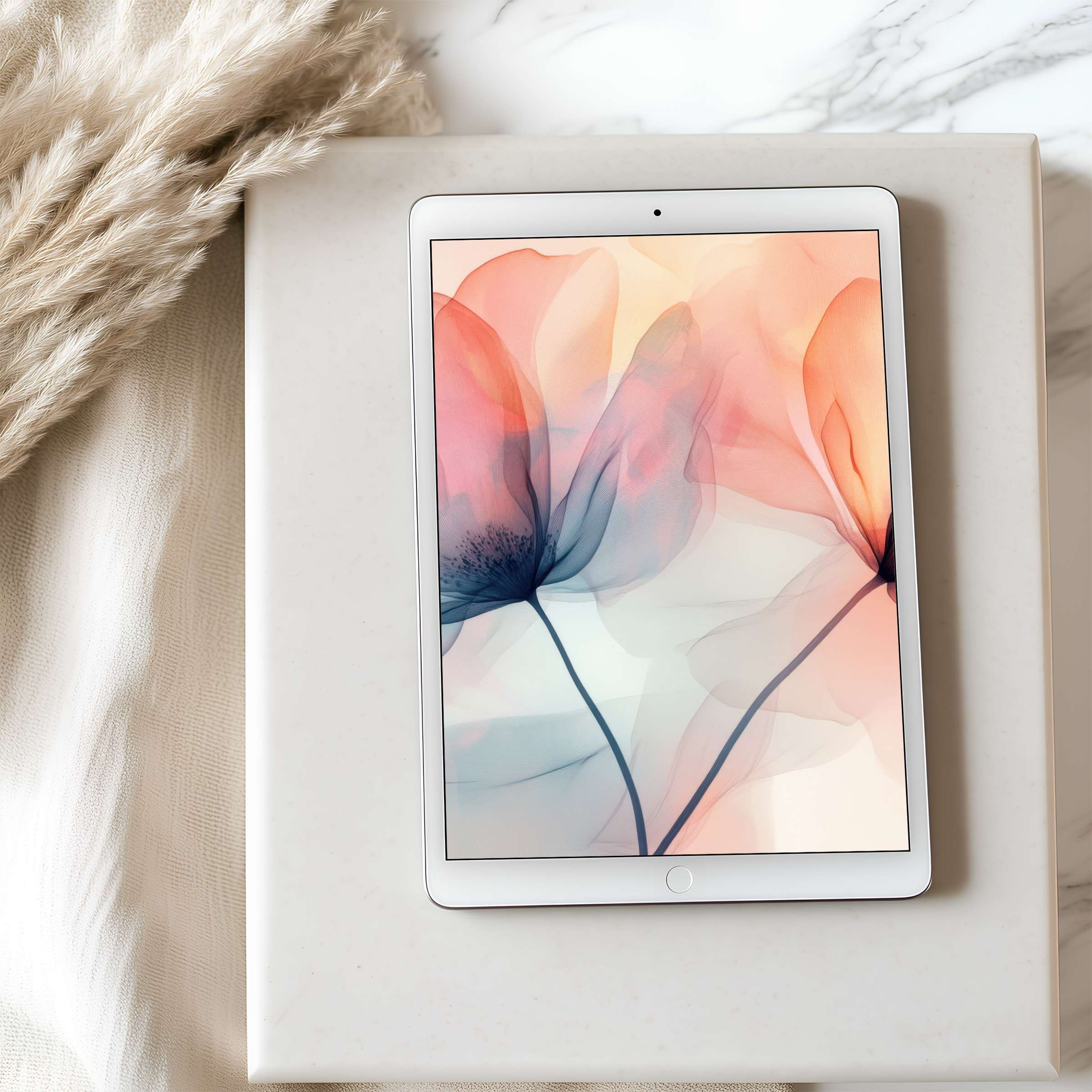 Elegant floral tablet wallpaper in soft pastels, perfect for iPad and Android tablets, offering high resolution and calming aesthetics