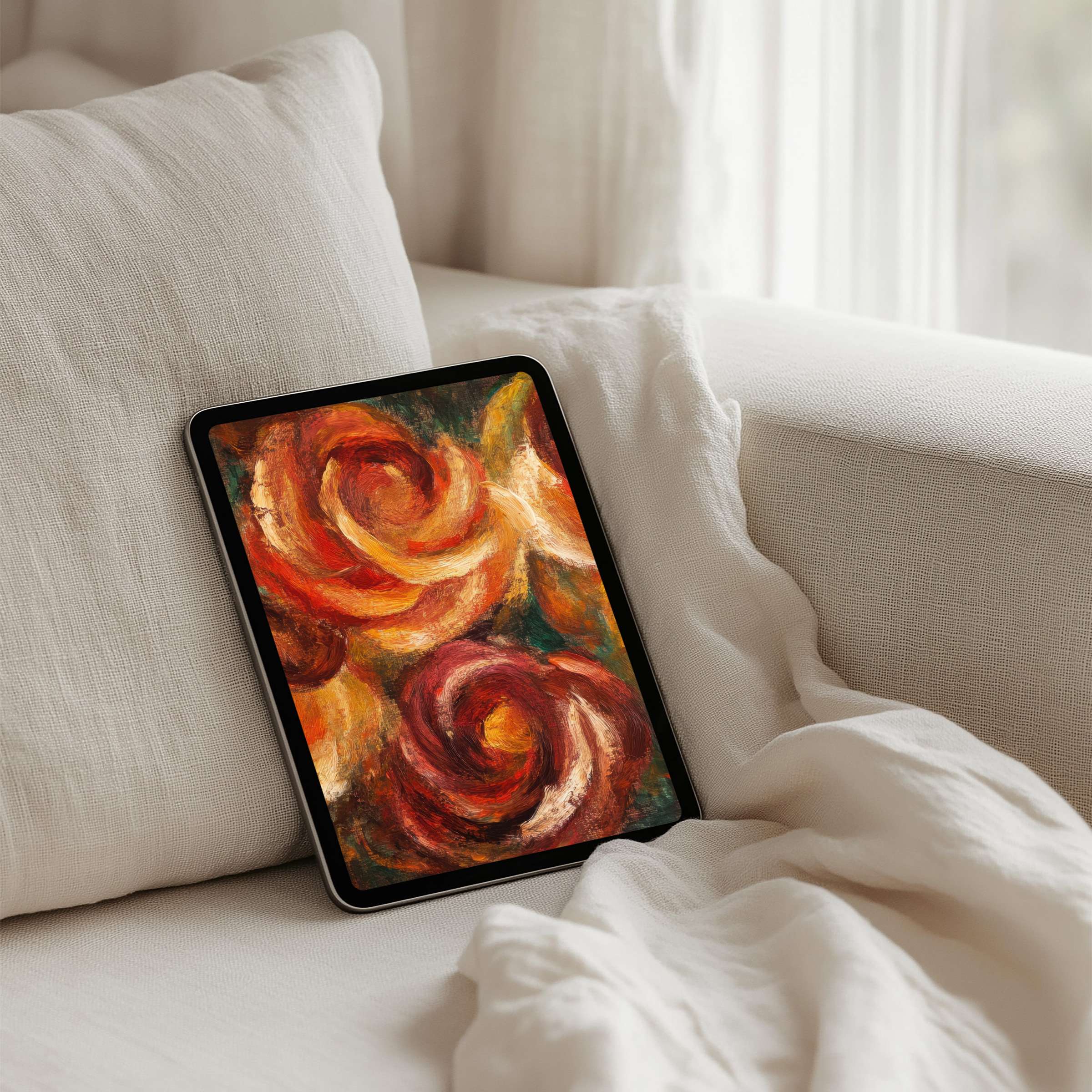 Elegant iPad background featuring warm, swirling roses in vibrant colors for instant download on any tablet, inspiring calm and mindfulness