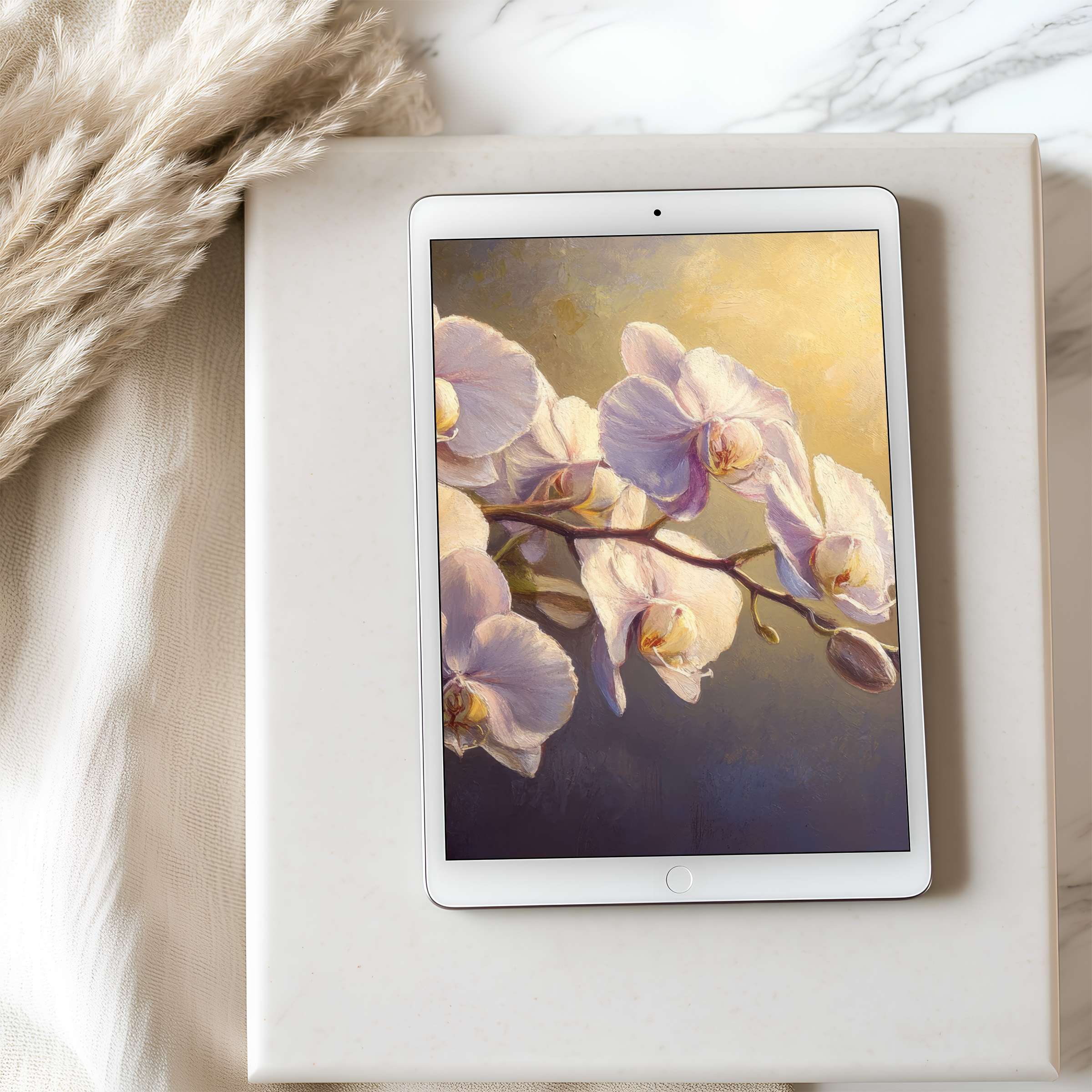 Elegant orchid painting digital tablet wallpaper offers high resolution design for iPad and Android, enhancing serene interiors