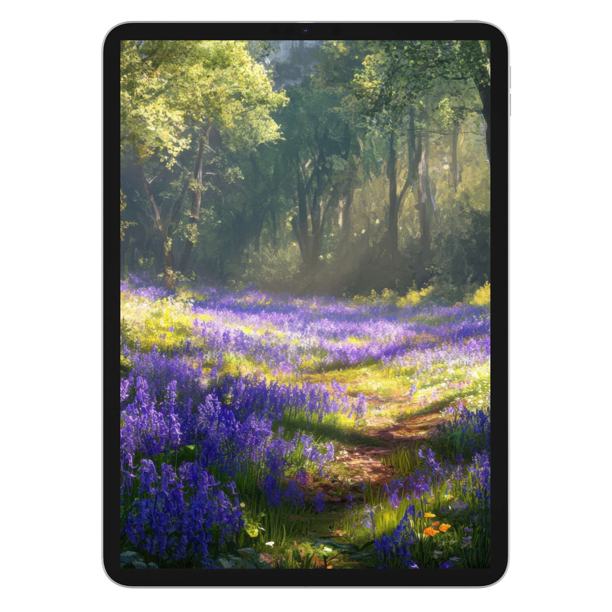 Floral iPad wallpaper with lush lavender fields and sunlit trees offers a serene digital download background for tablets