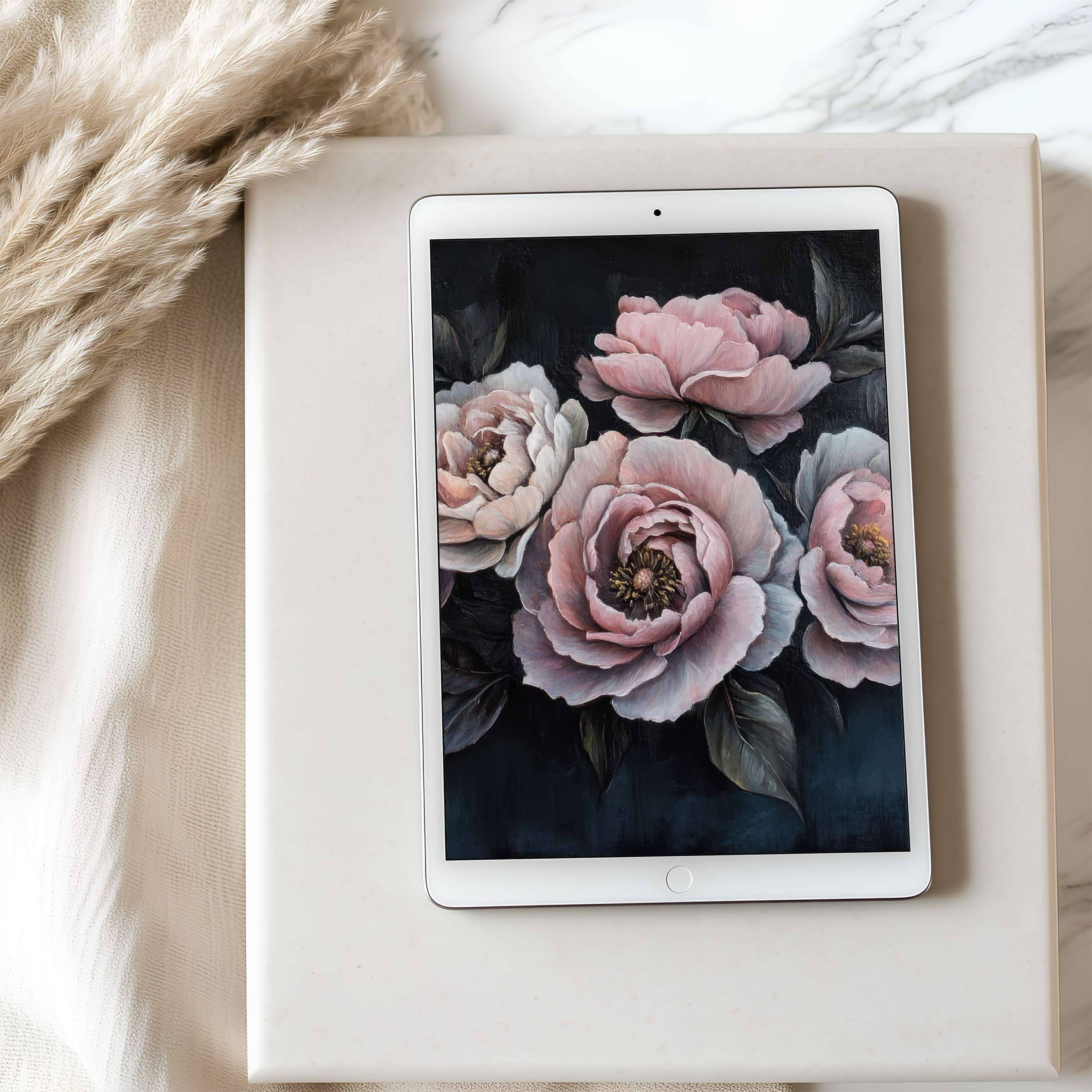 Delicate floral tablet wallpaper with soft pink peonies, ideal for iPad and Android, enhances serene, elegant interiors effortlessly
