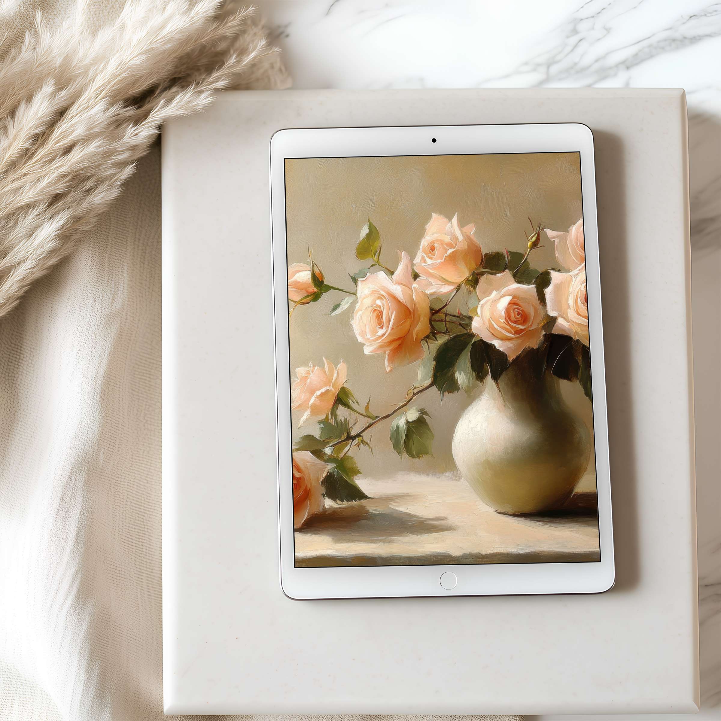 Elegant tablet wallpaper featuring soft pink roses in a classic vase on iPad, offering high resolution for serene digital downloads