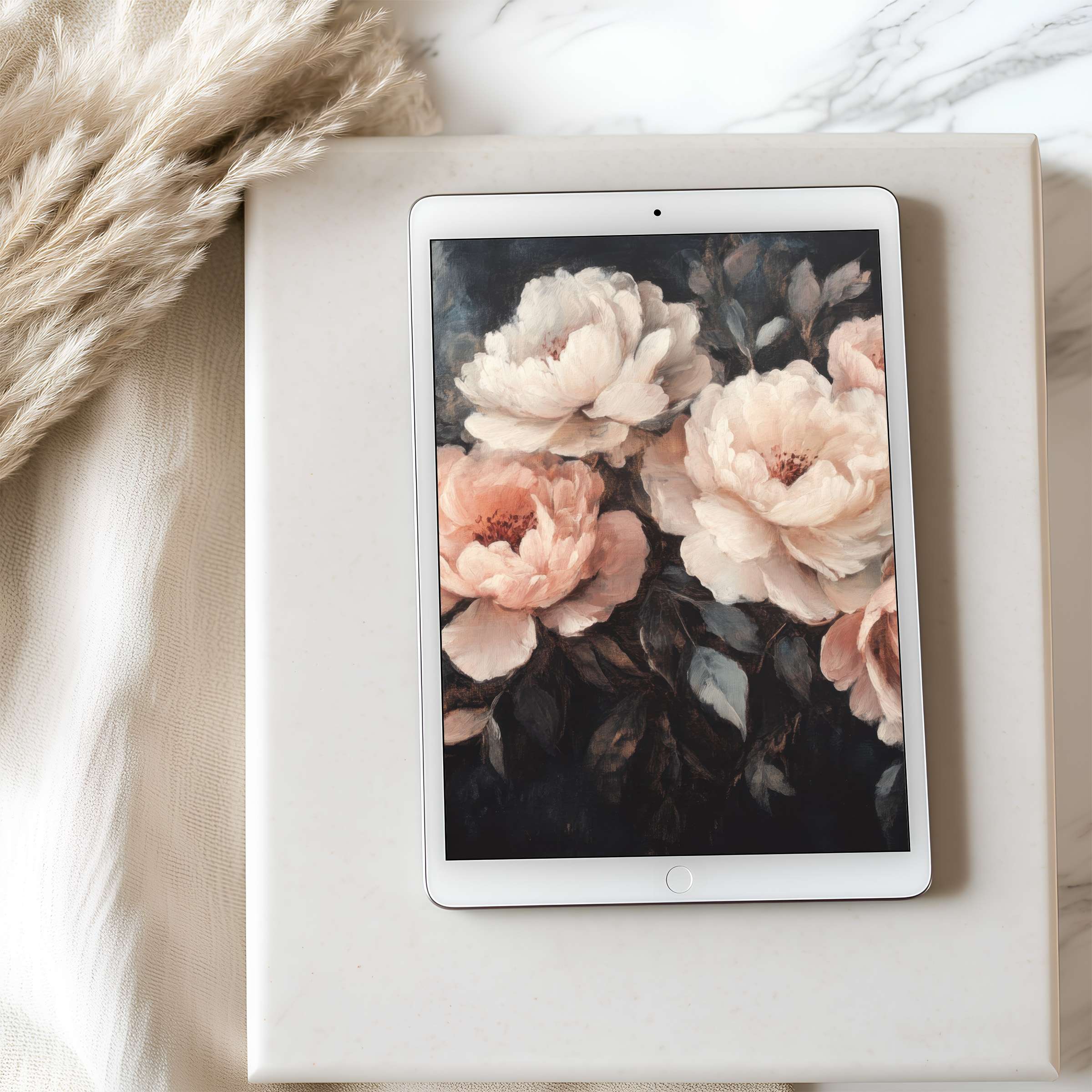 Elegant floral tablet wallpaper with soft pastel blooms, ideal for high-resolution iPads or Androids, enhancing serene digital spaces