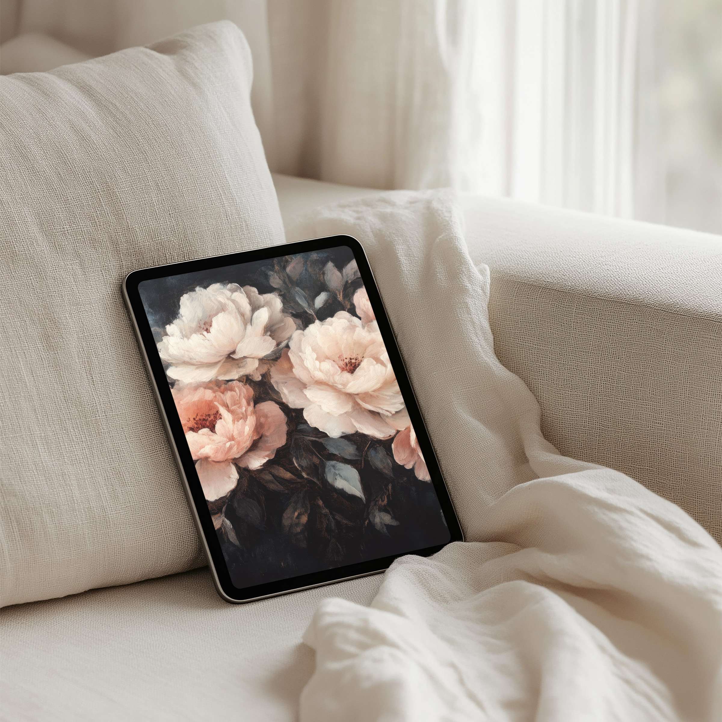 Elegant floral iPad background, soft pastels create a calming vibe, ideal for tablet use, instant download available now