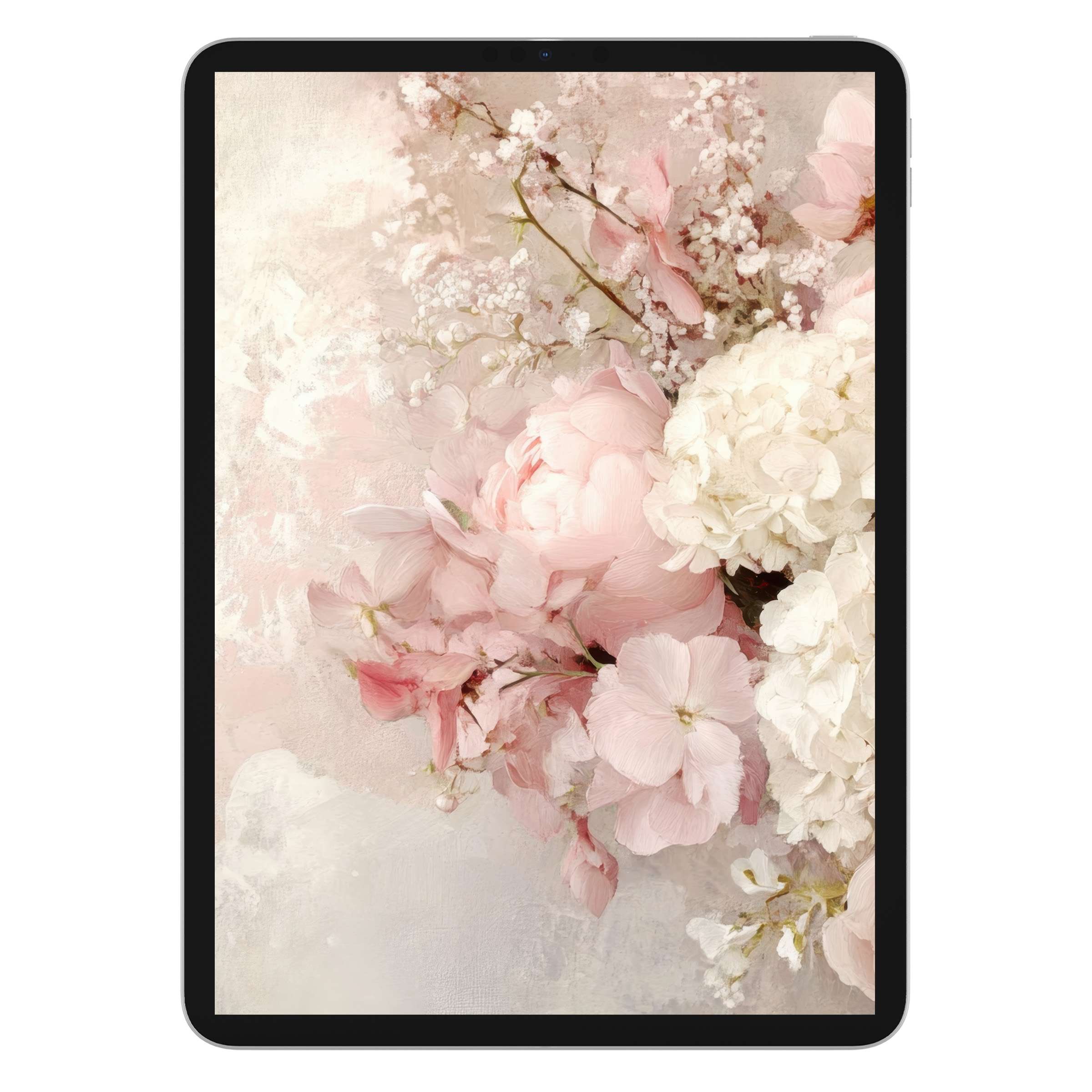 Elegant floral iPad wallpaper with pastel pink and ivory blossoms, perfect digital download for tablet background lovers seeking serenity