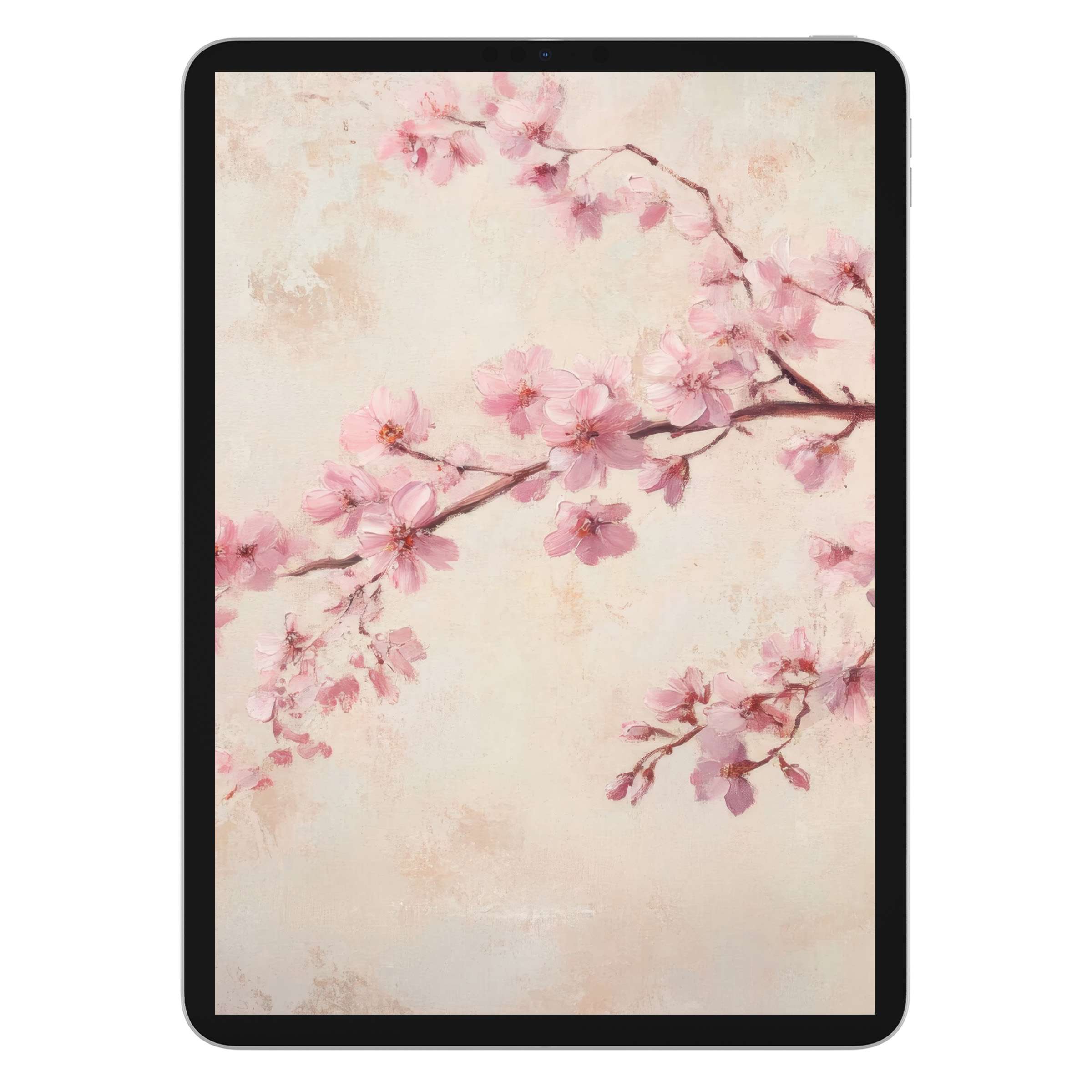 Elegant floral iPad wallpaper featuring soft pink cherry blossoms on a textured background, perfect digital download for any tablet