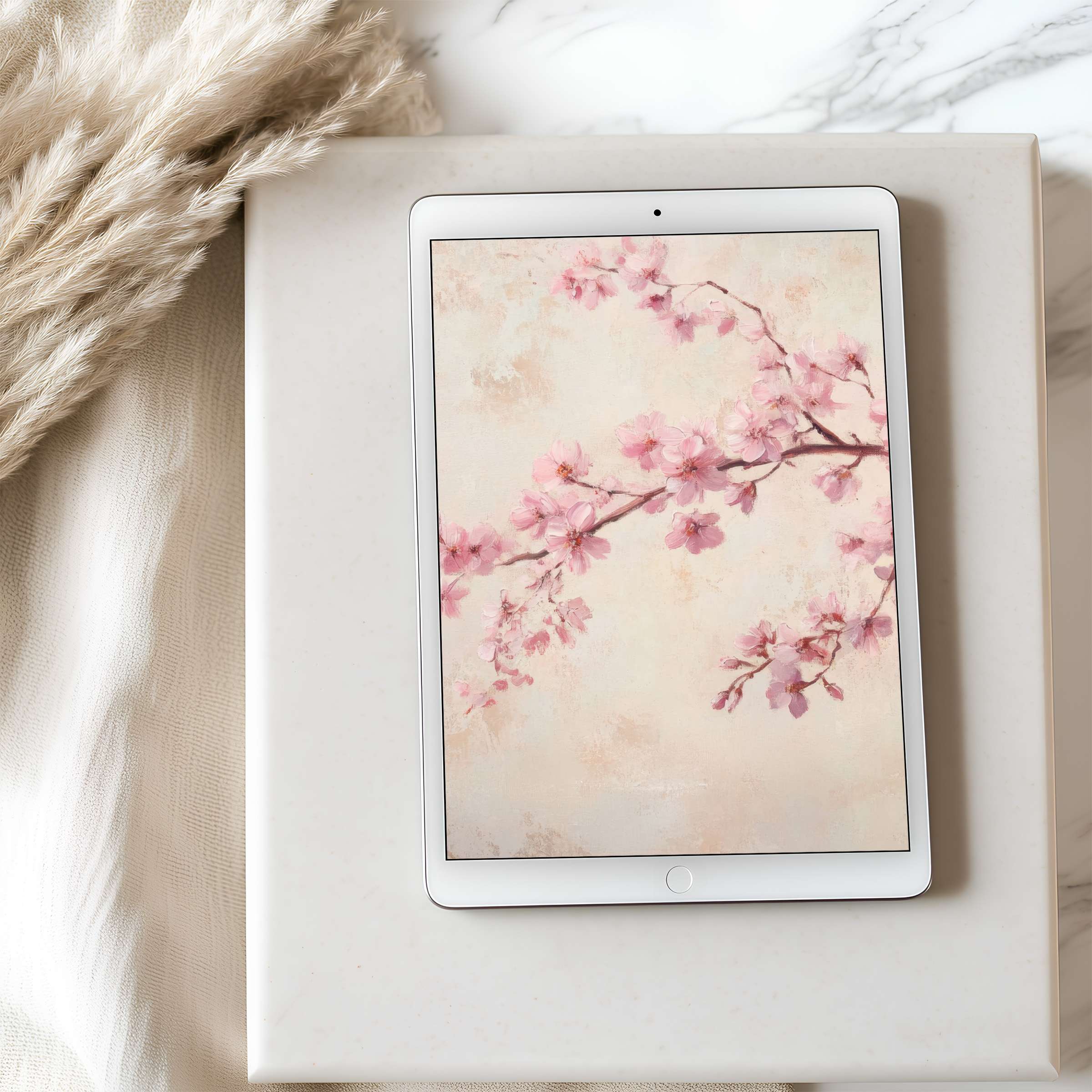 Elegant pink cherry blossoms create a serene tablet wallpaper, perfect for a high-resolution iPad or Android digital download