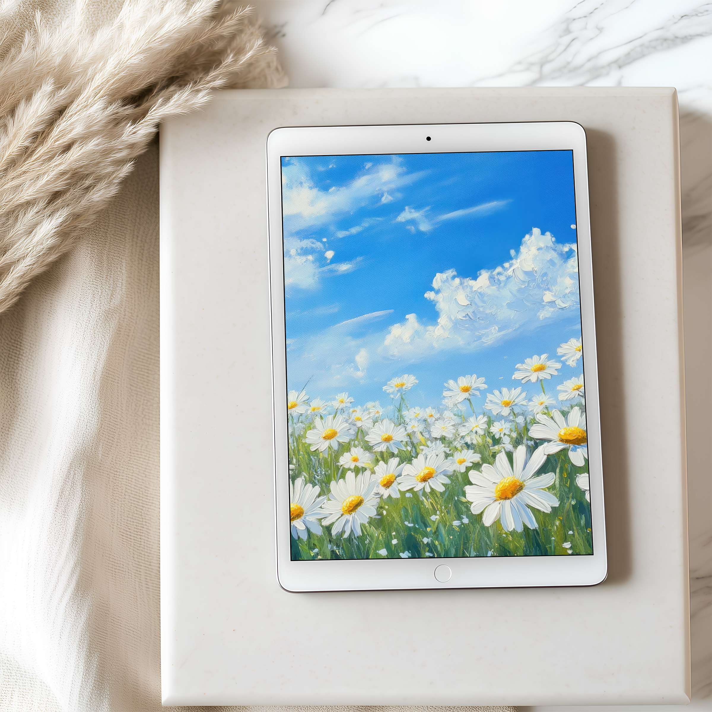 Serene meadow tablet wallpaper with daisies and blue sky in high resolution perfect for iPad or Android digital download