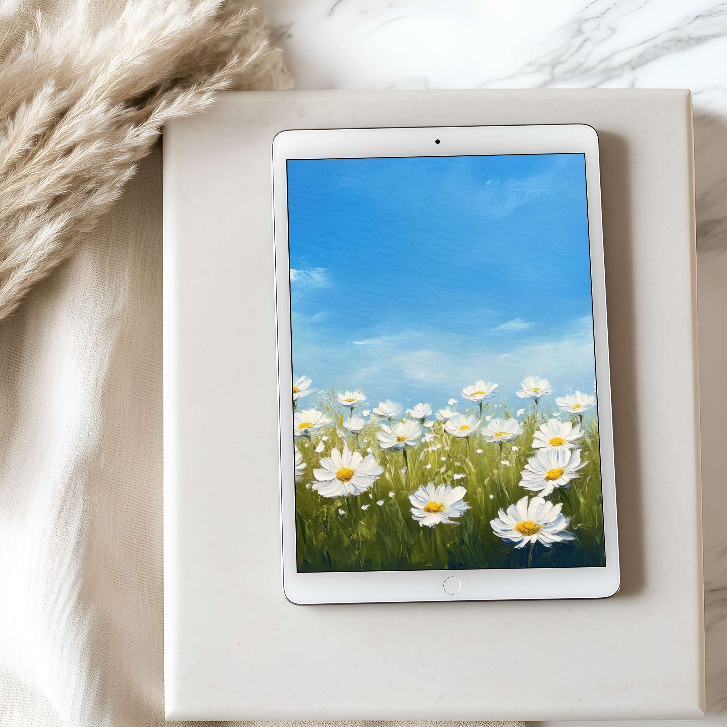 A serene tablet wallpaper featuring a field of daisies under a clear sky, perfect for iPad and Android tablets, high resolution download