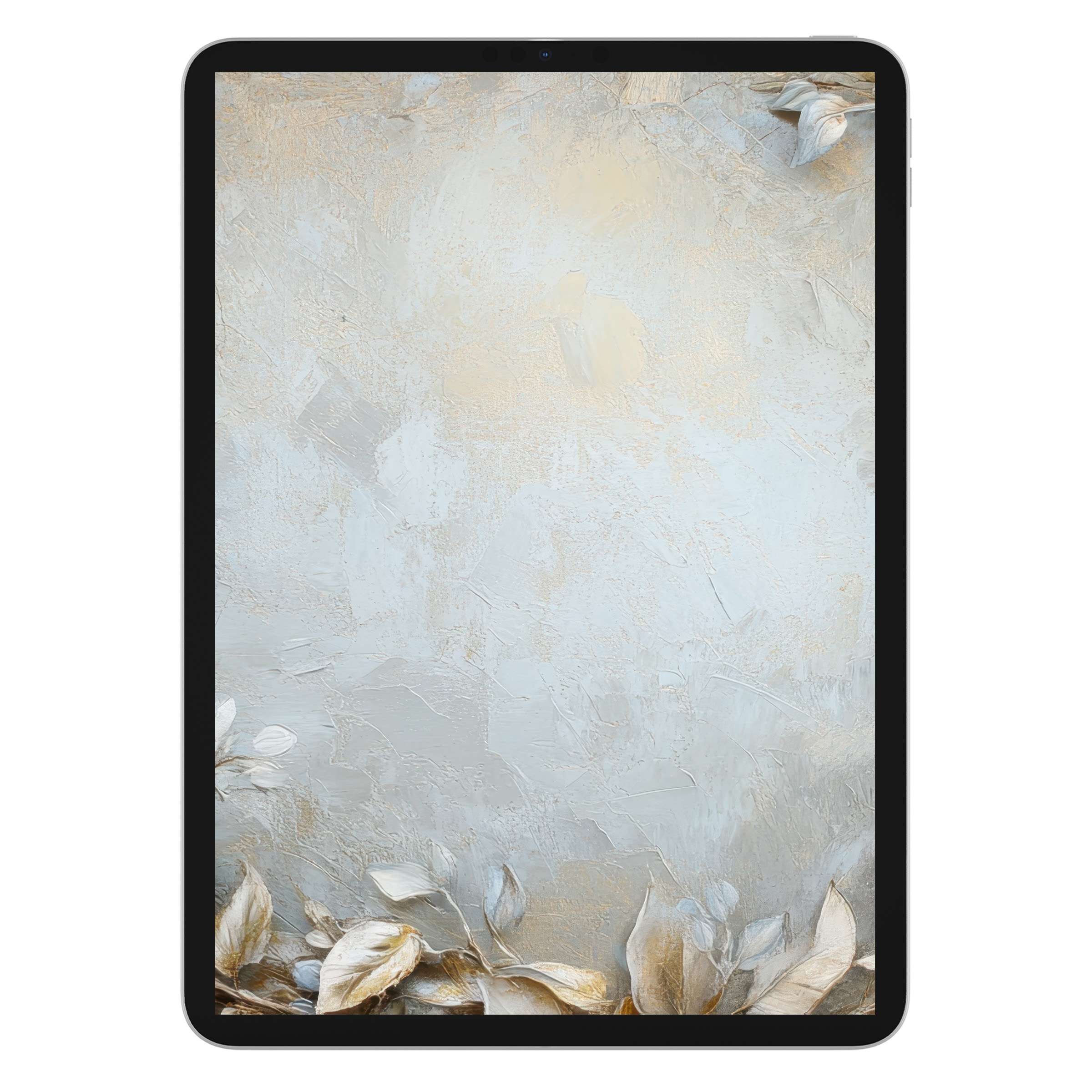 Elegant floral iPad wallpaper with textured leaves in soothing gold and grey tones for a calming digital download tablet background