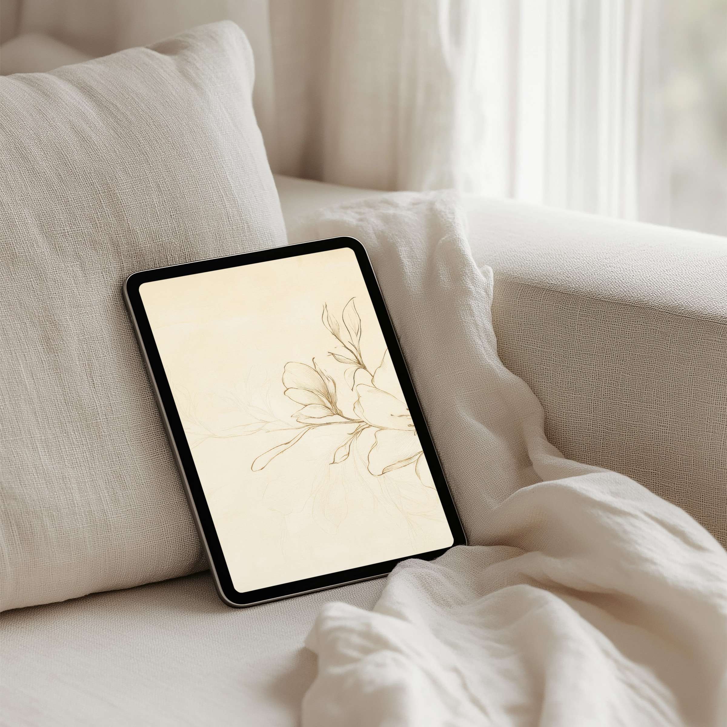 Serene floral sketch on beige iPad background offers elegance and mindfulness as an instant download for any tablet user
