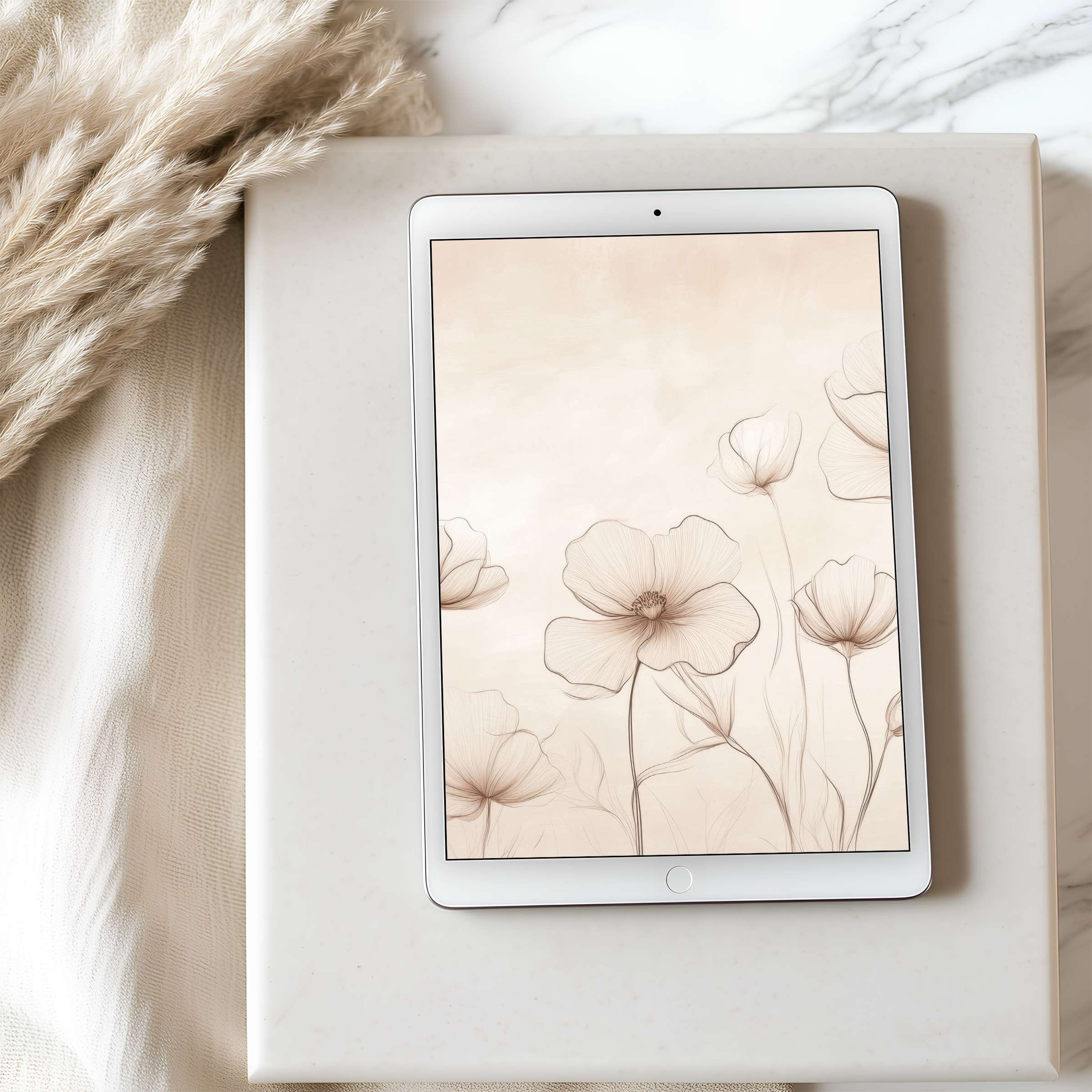 Elegant floral tablet wallpaper in soft beige tones complements any minimalist decor, offering a tranquil high resolution digital download