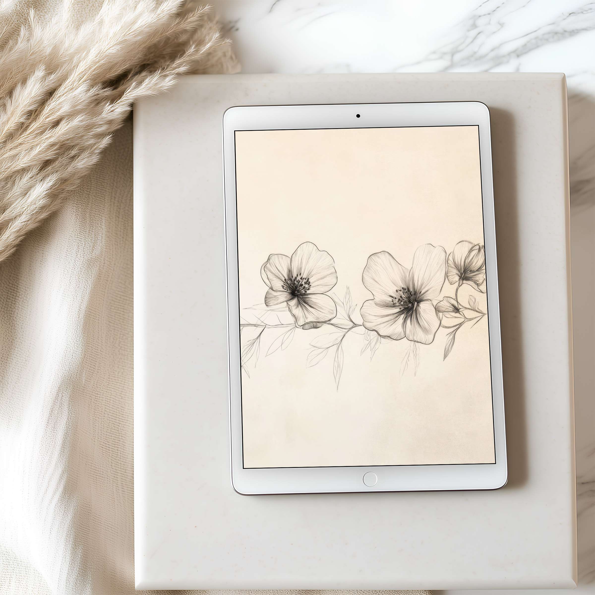 Elegant floral line art tablet wallpaper in high resolution evokes tranquility, perfect for iPad or Android tablets, digital download