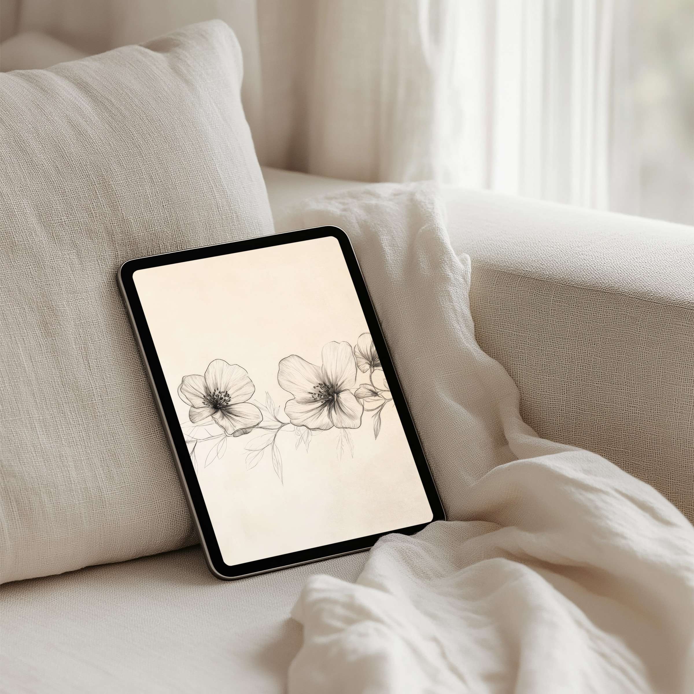 Elegant floral iPad background with soft neutral tones for instant download fits all tablets inspiring calm and mindfulness