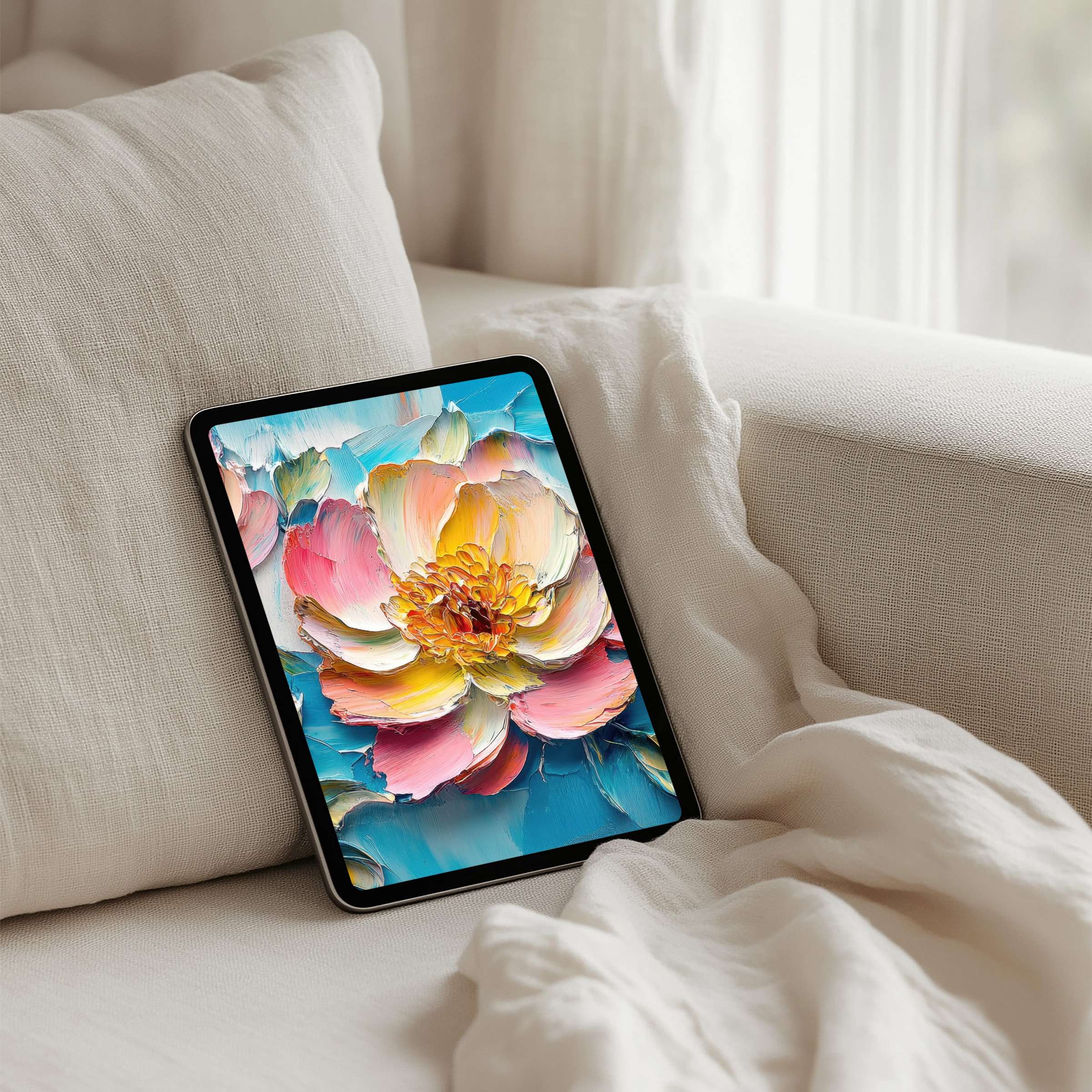 Elegant iPad background in pastel floral artistry offers calm inspiration for your tablet with instant download and mindful design