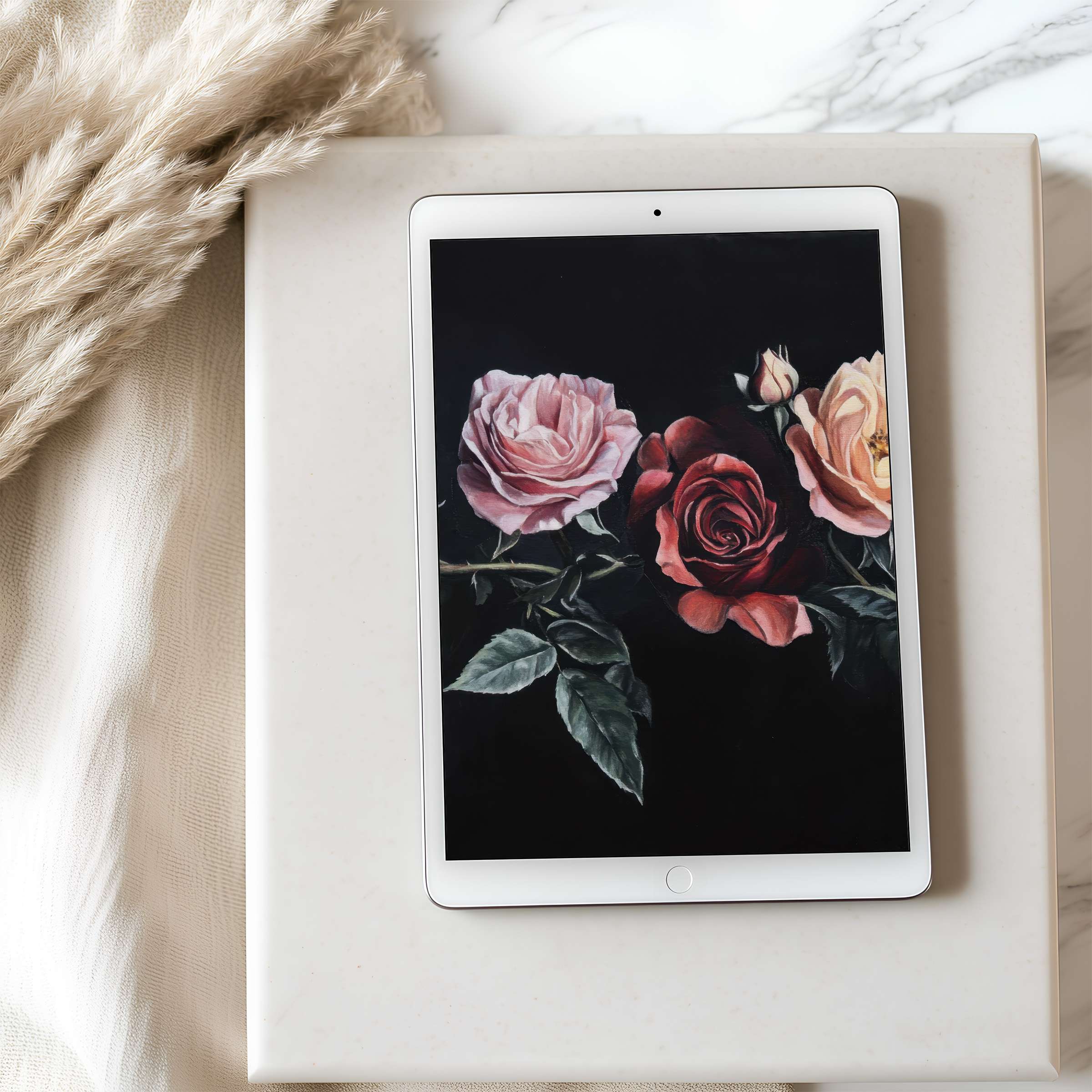 Elegant floral tablet wallpaper featuring vivid roses on black background, ideal for high resolution download for iPad and Android tablets