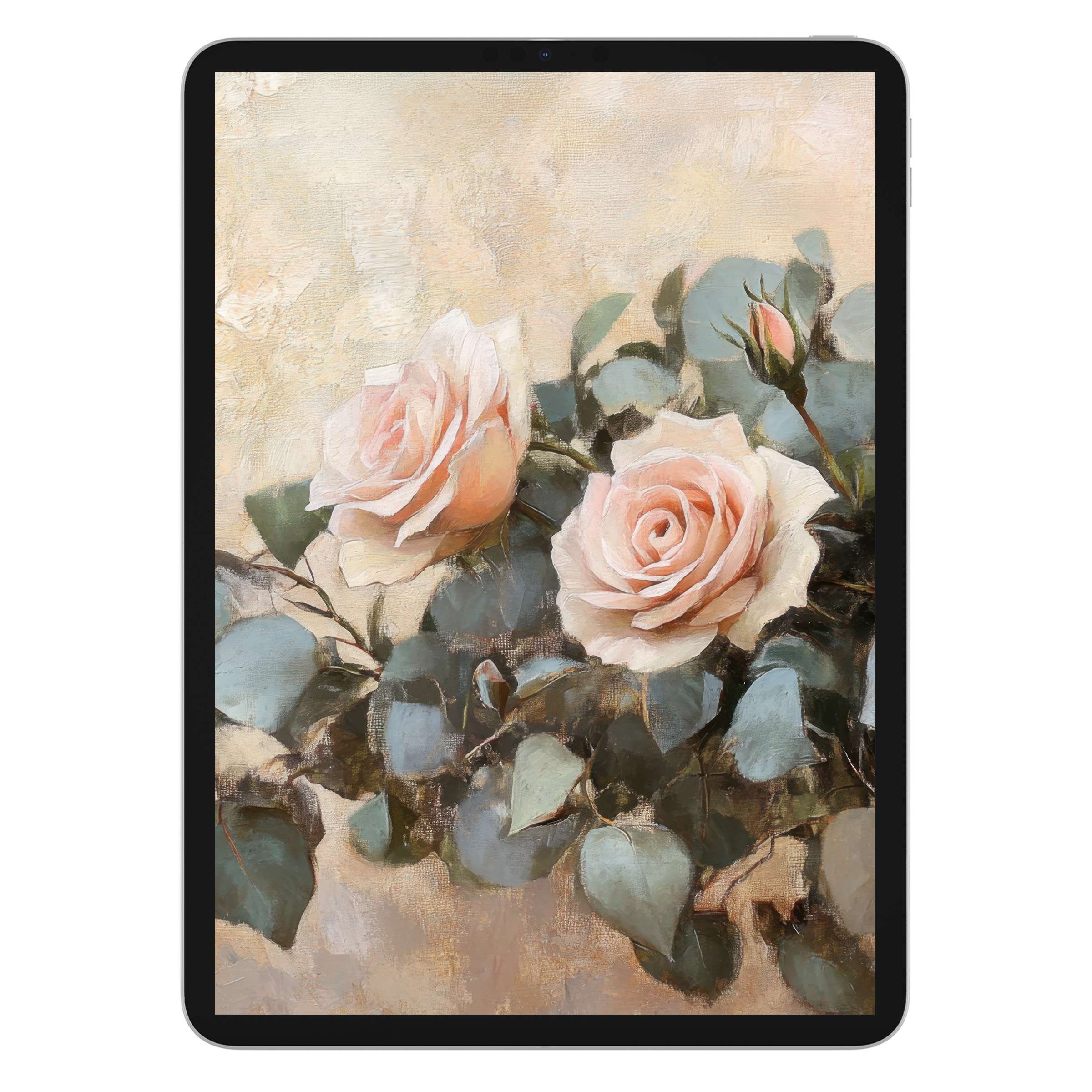 Elegant floral iPad wallpaper featuring soft pink roses and lush leaves, ideal digital download for calming tablet backgrounds