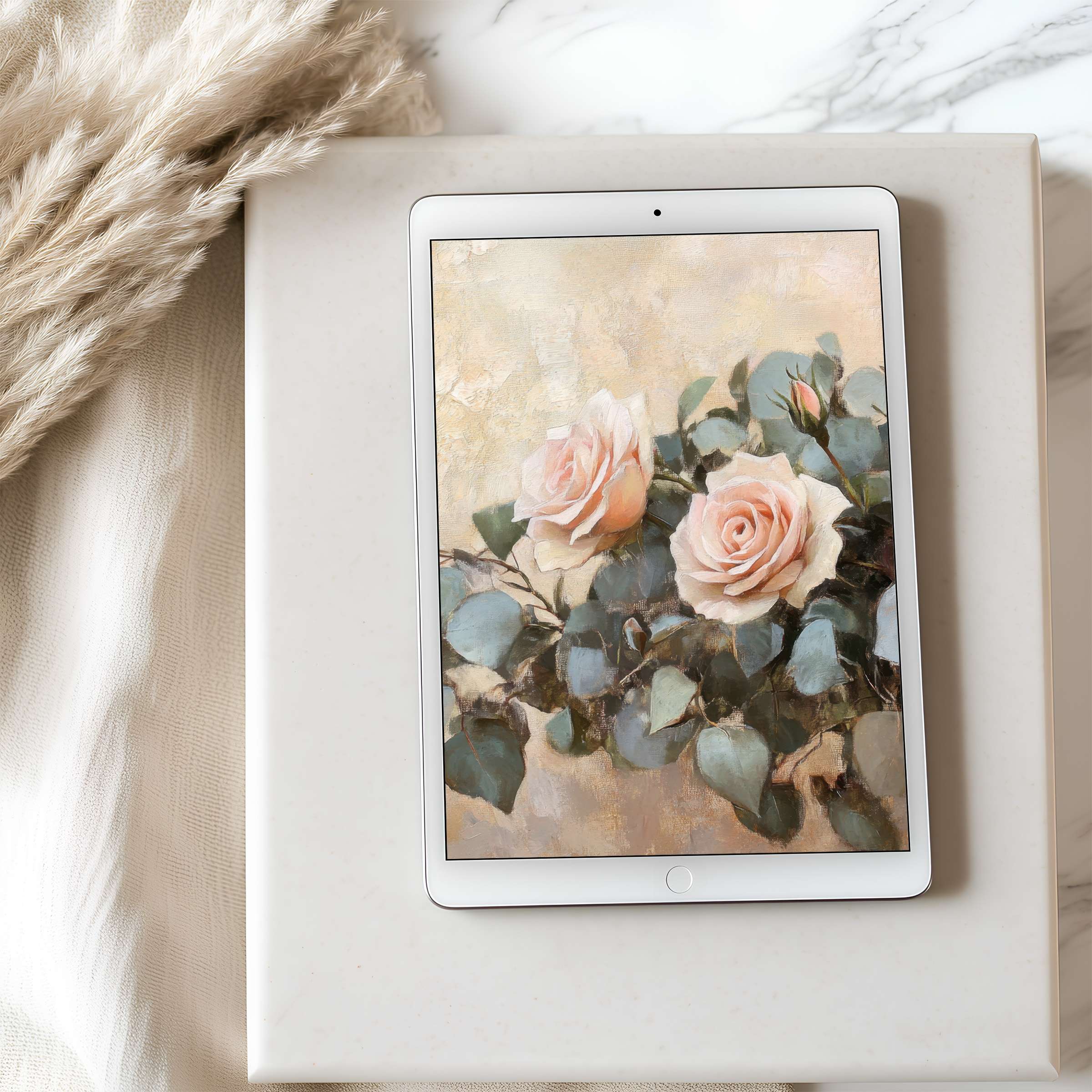 Elegant floral painting with soft pastel tones on a tablet wallpaper enhances aesthetics and tranquility, perfect for high resolution iPad download