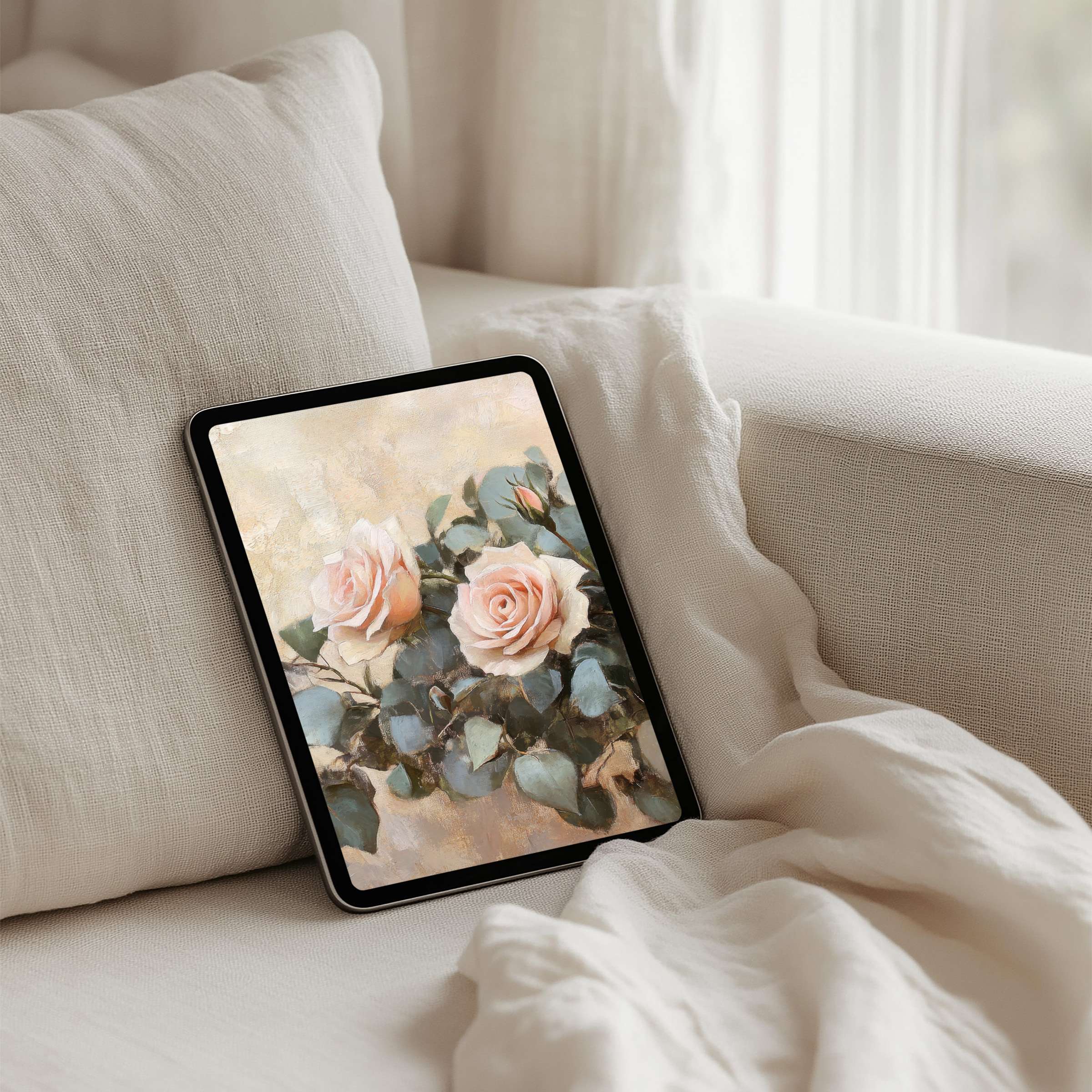 Elegant iPad background featuring soft pink roses offers a serene escape; perfect for any tablet instant download enhances mindfulness