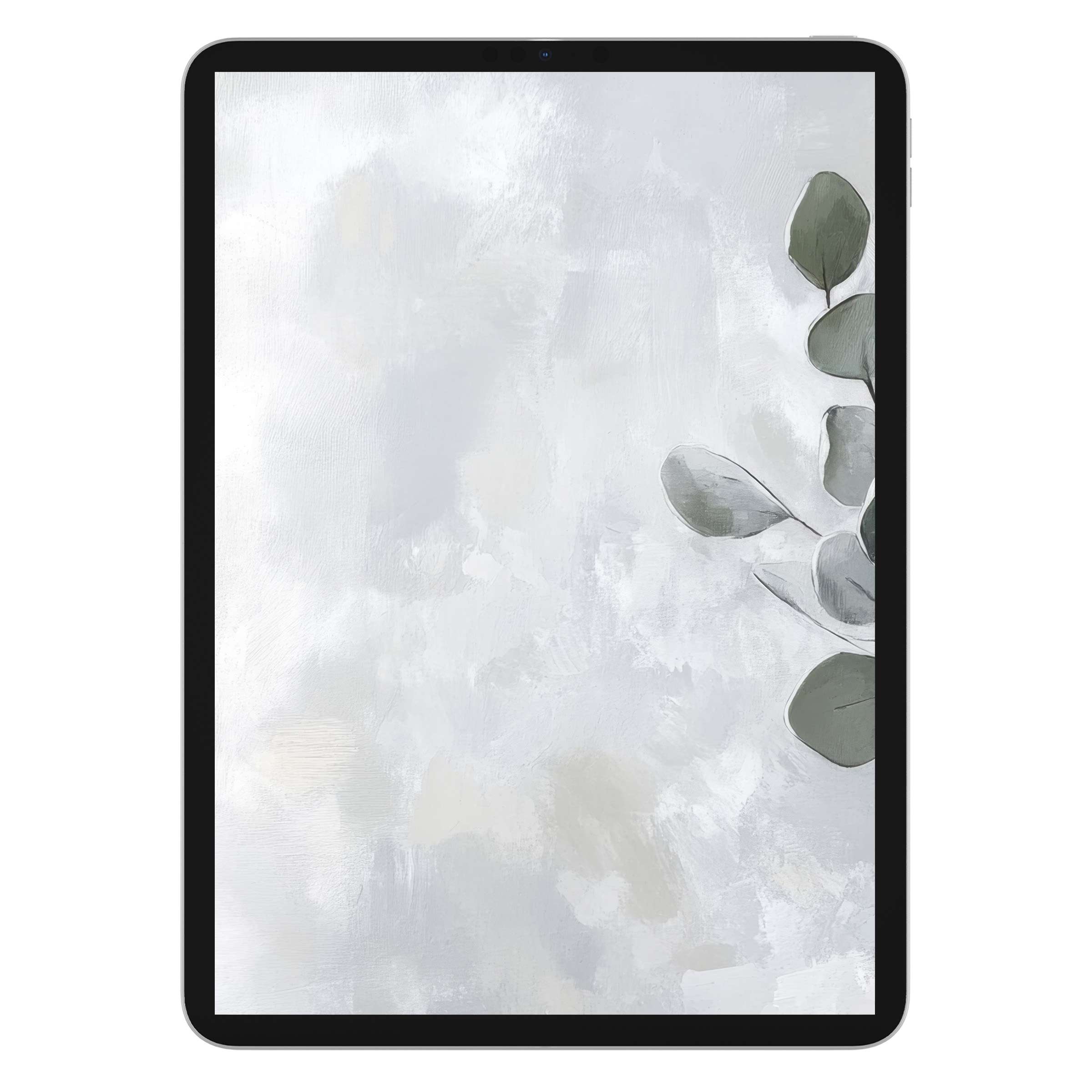 Elegant floral iPad wallpaper with soft gray hues and green leaves, ideal tablet background for digital download, tranquil style