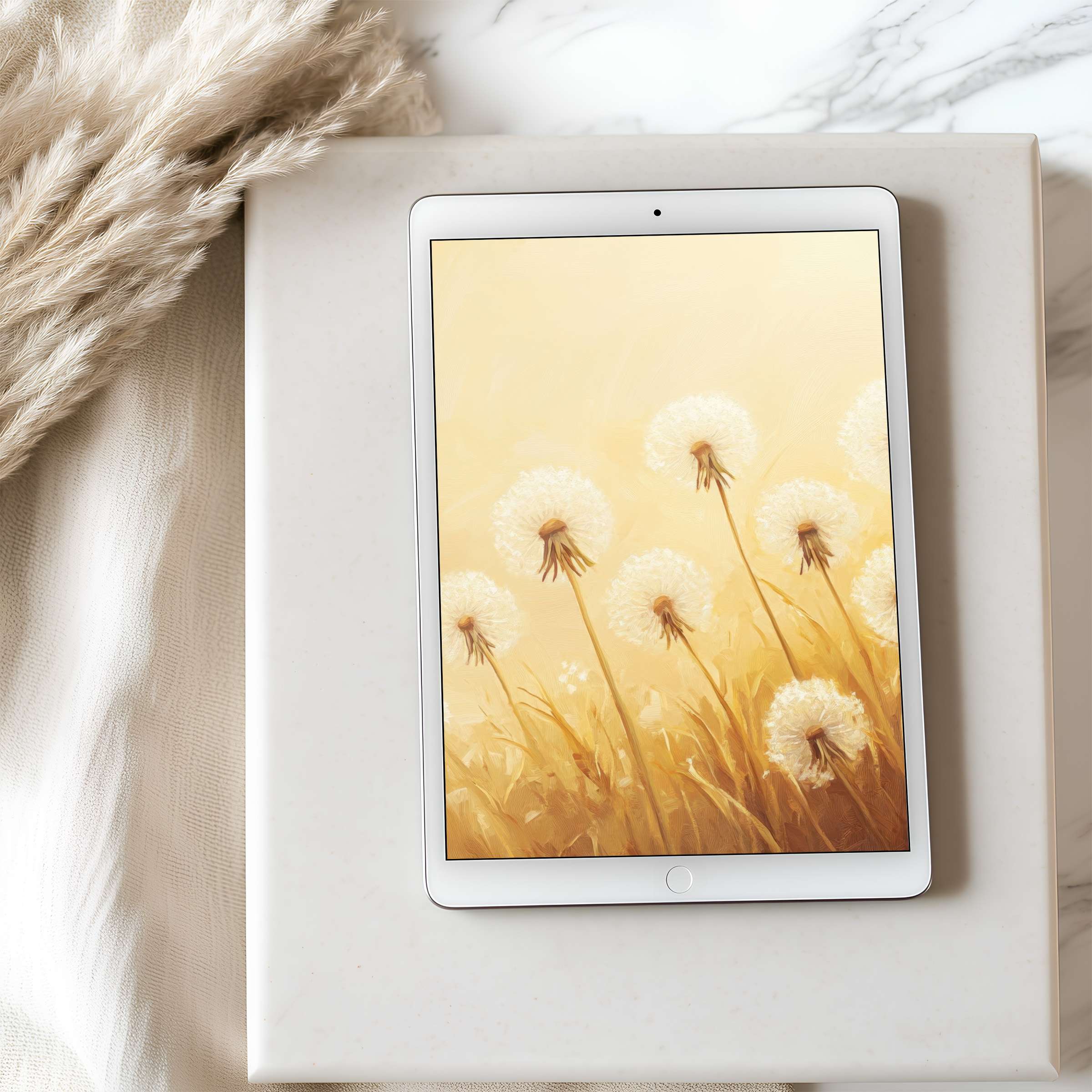 Serene dandelion field tablet wallpaper in warm tones enhances your iPad or Android tablet with a calming, high-resolution charm