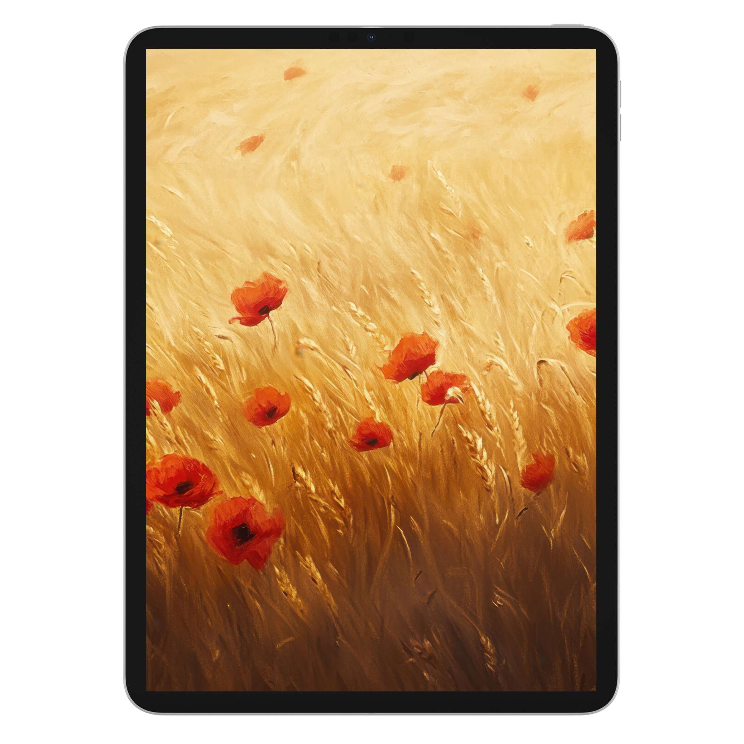Elegant floral iPad wallpaper featuring vibrant red poppies in a golden field, ideal for tablet backgrounds, available as a digital download