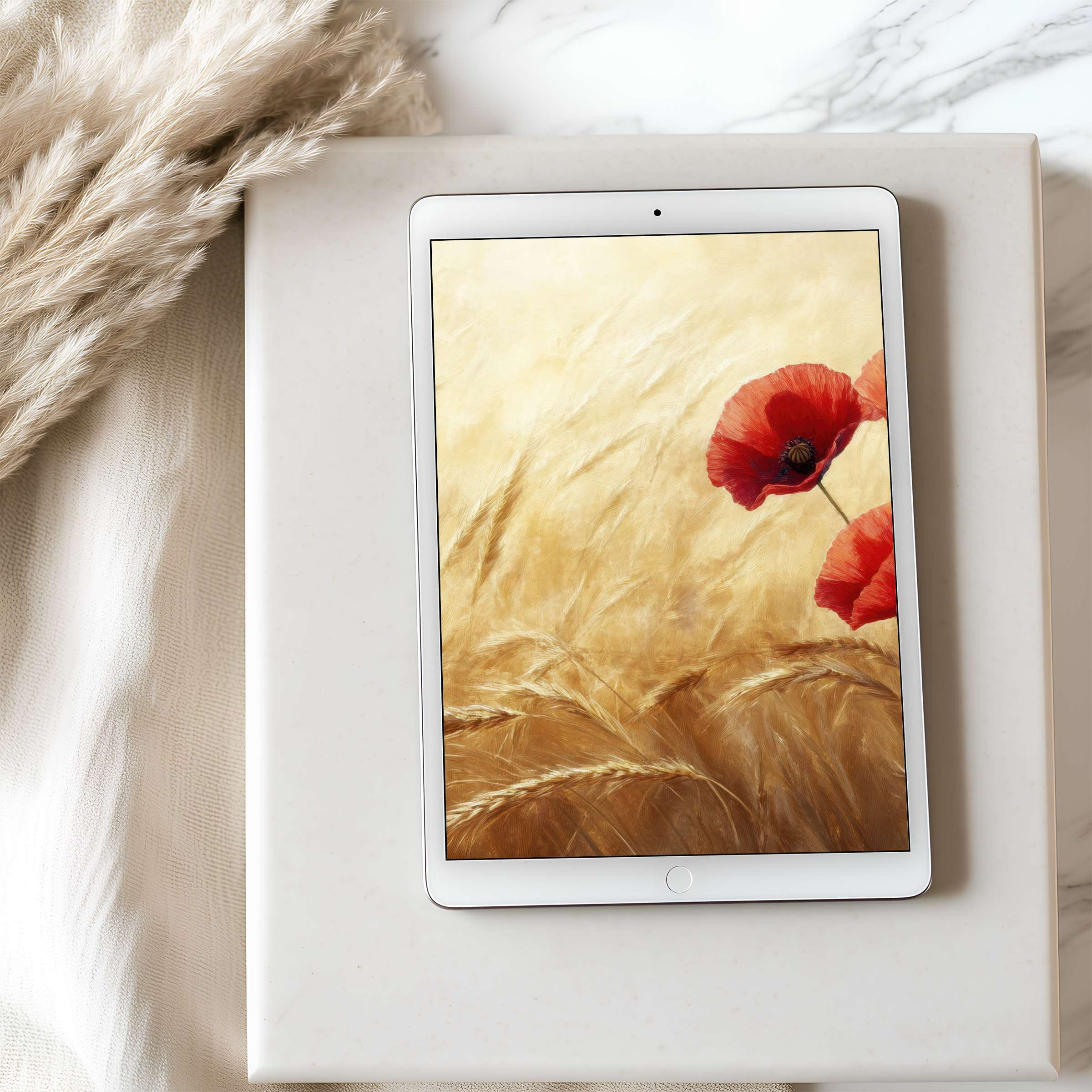 Elegant poppy field tablet wallpaper in high resolution evokes calm and beauty, ideal for iPad and Android digital downloads