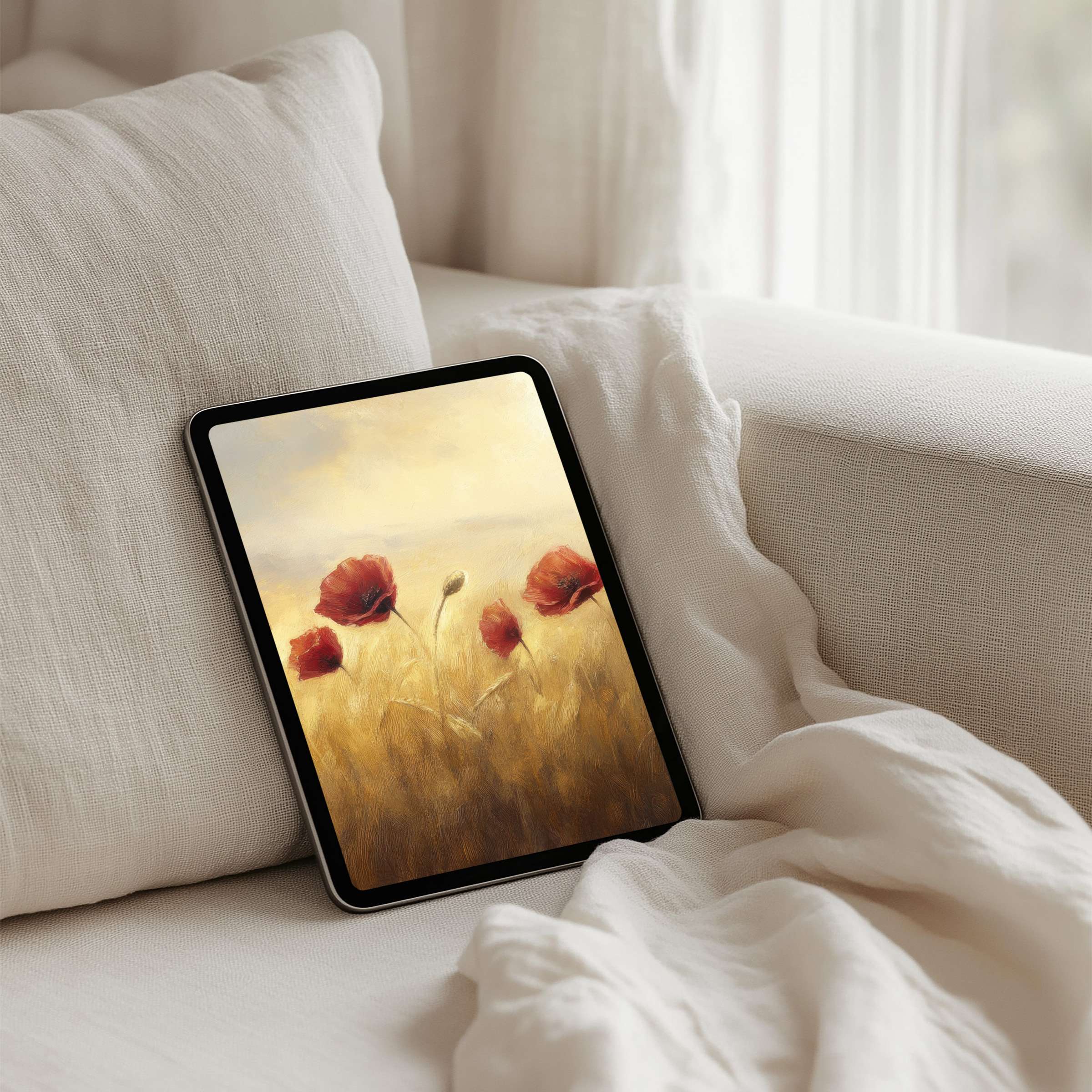 Serene iPad background with red poppies against a golden field perfect for instant download on any tablet inspiring calm elegance