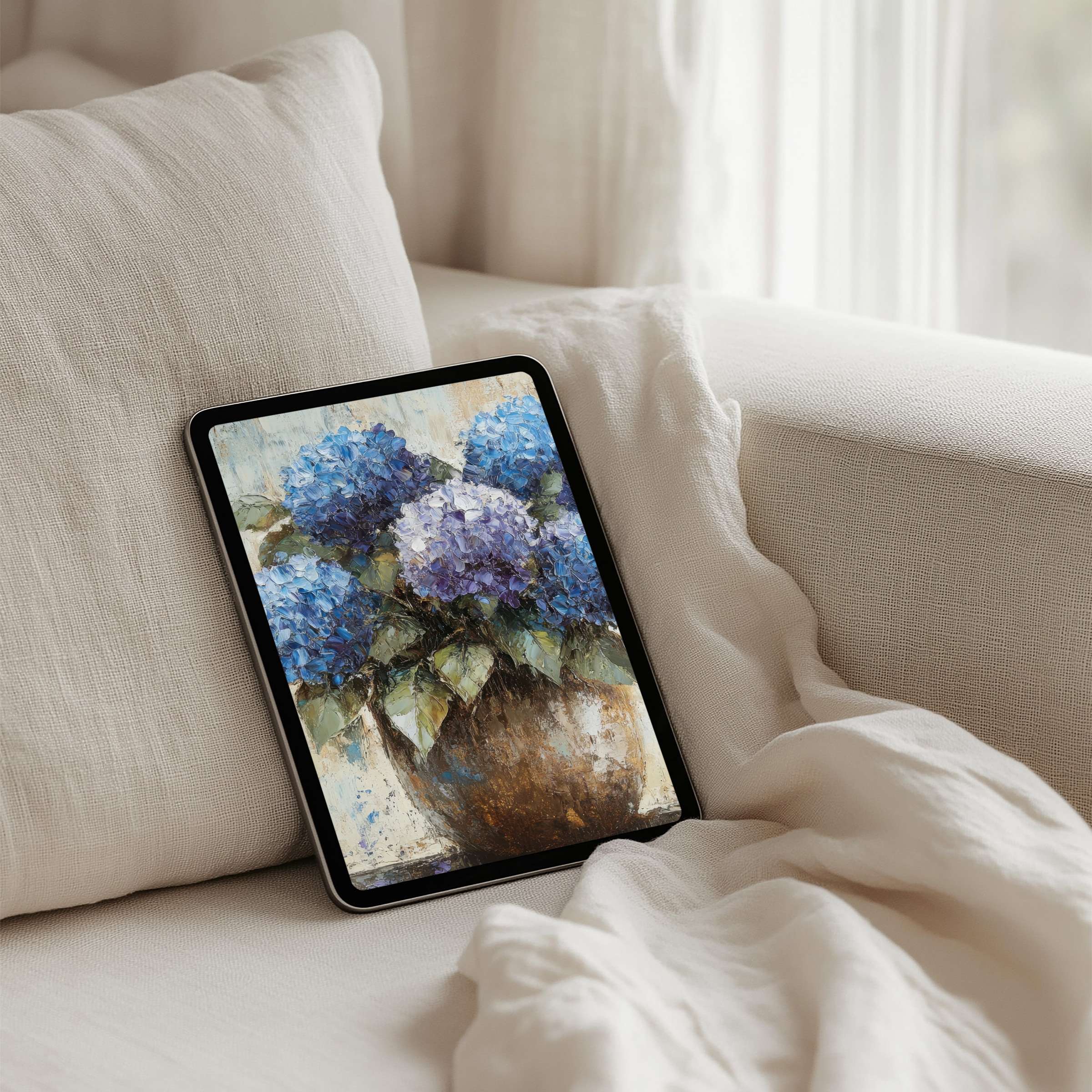 Elegant digital art iPad background featuring serene blue hydrangeas for instant download fits Samsung Android tablets offering calm inspiration