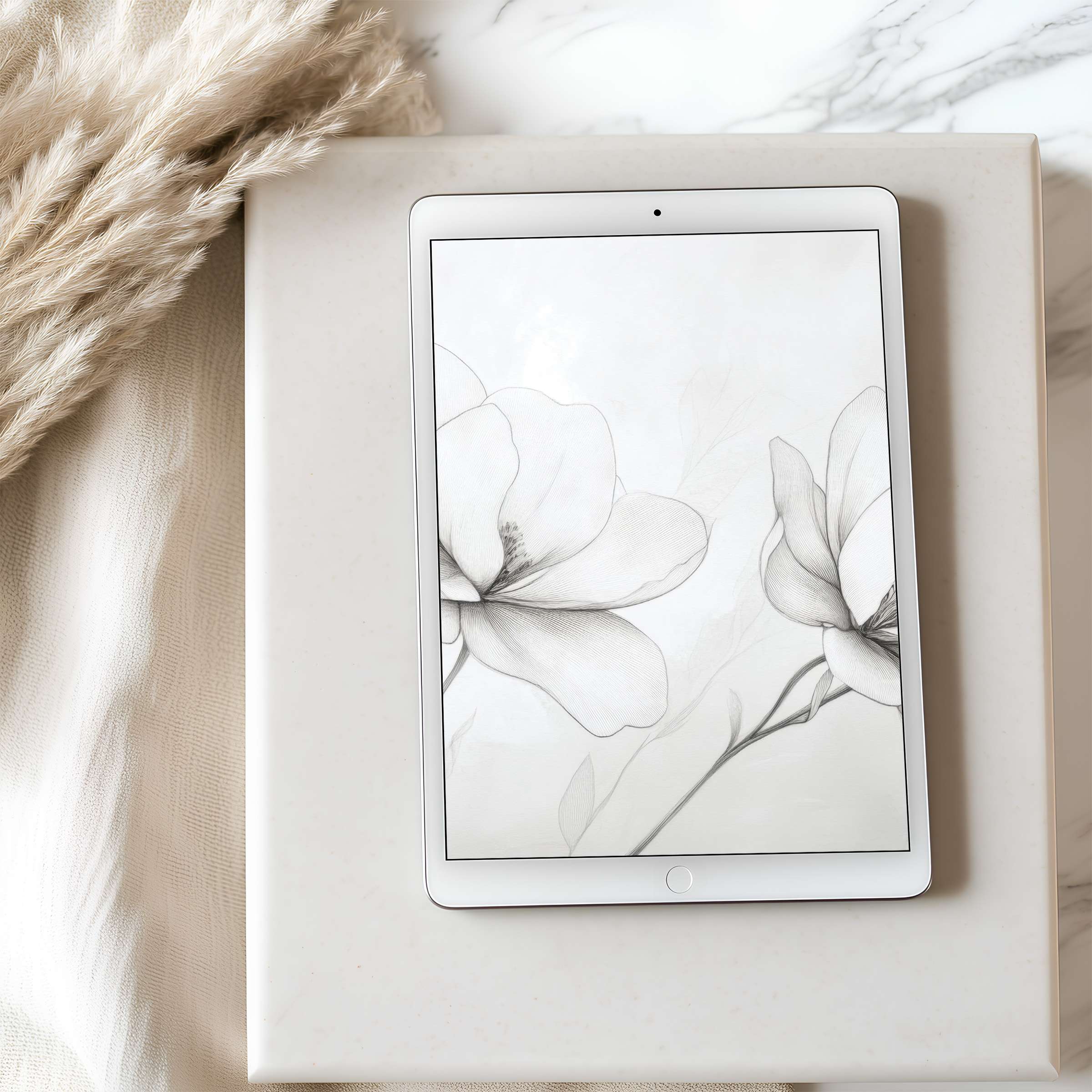 Elegant monochrome floral tablet wallpaper exudes calm sophistication, tailored for high resolution iPad screens, ideal digital download