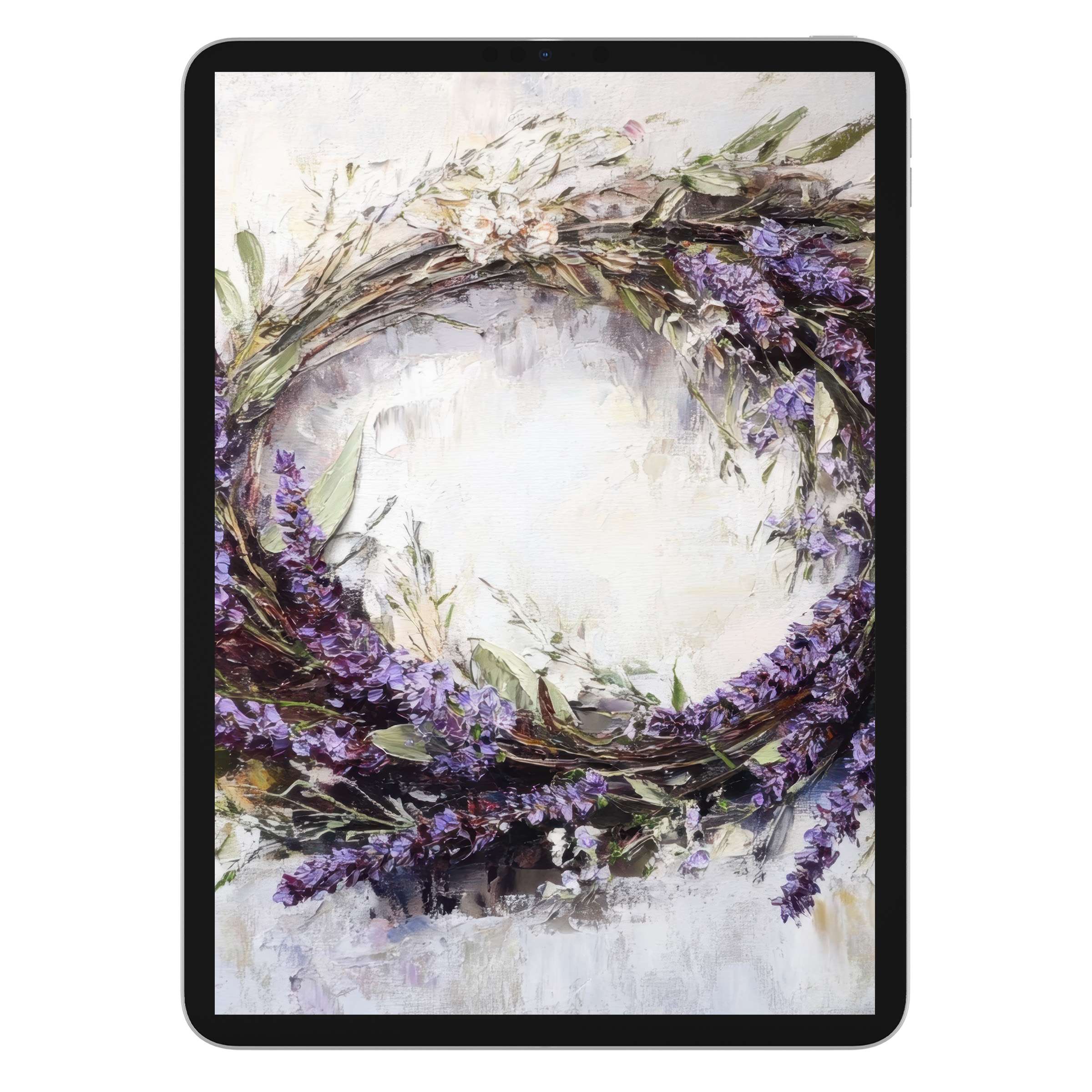 Elegant floral iPad wallpaper showcasing a lavender wreath with textured brushstrokes, ideal digital download for tablet background creativity