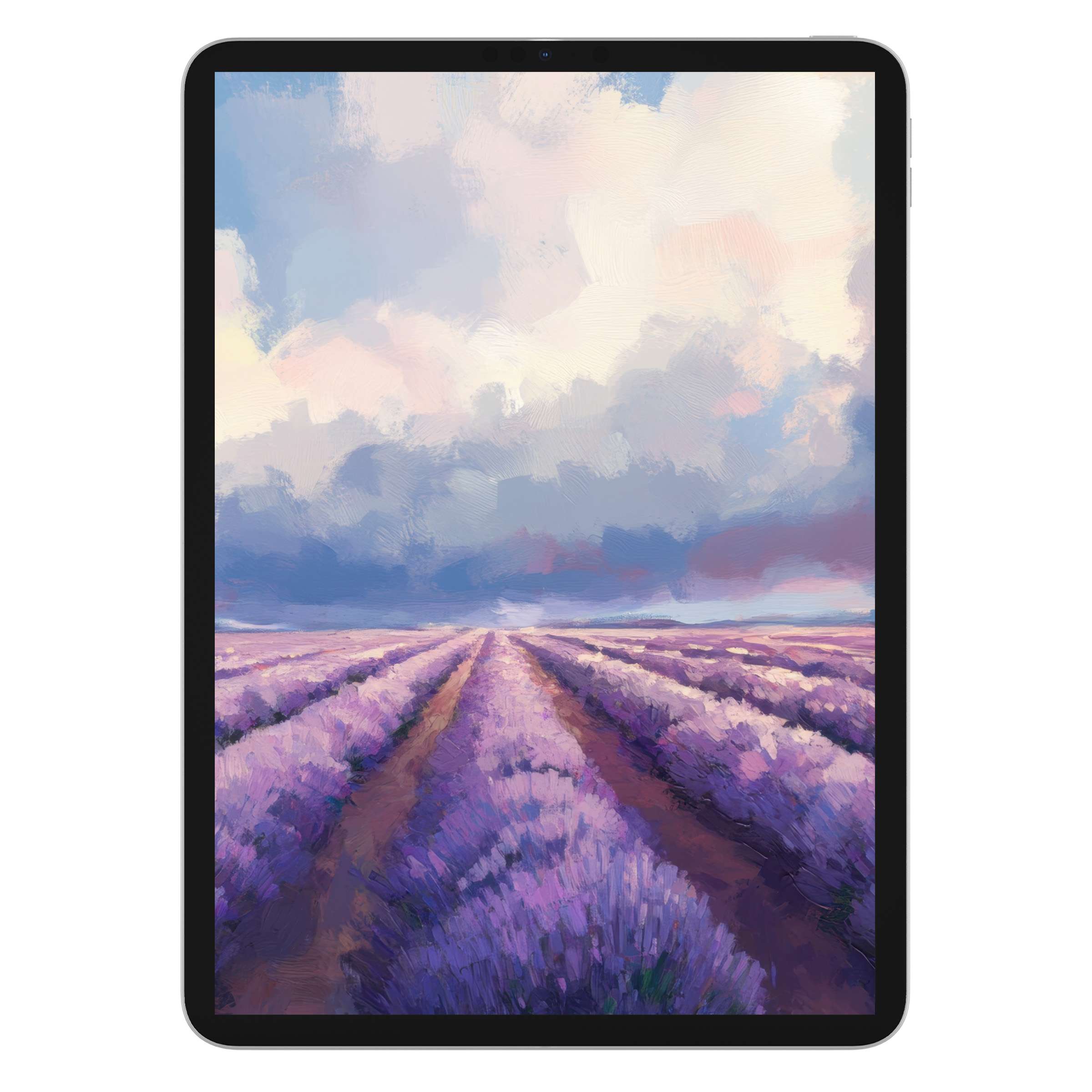 Lavender fields in pastel hues create a serene floral iPad wallpaper ideal for tablet backgrounds in digital download format