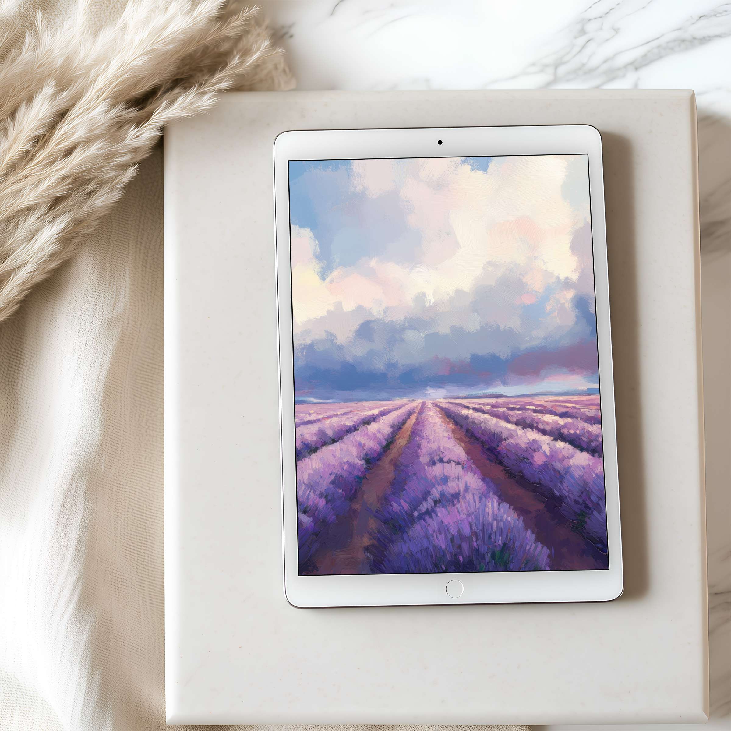 Lavender field tablet wallpaper on iPad in cozy, minimalist setting offers calming high resolution digital download for modern tablets