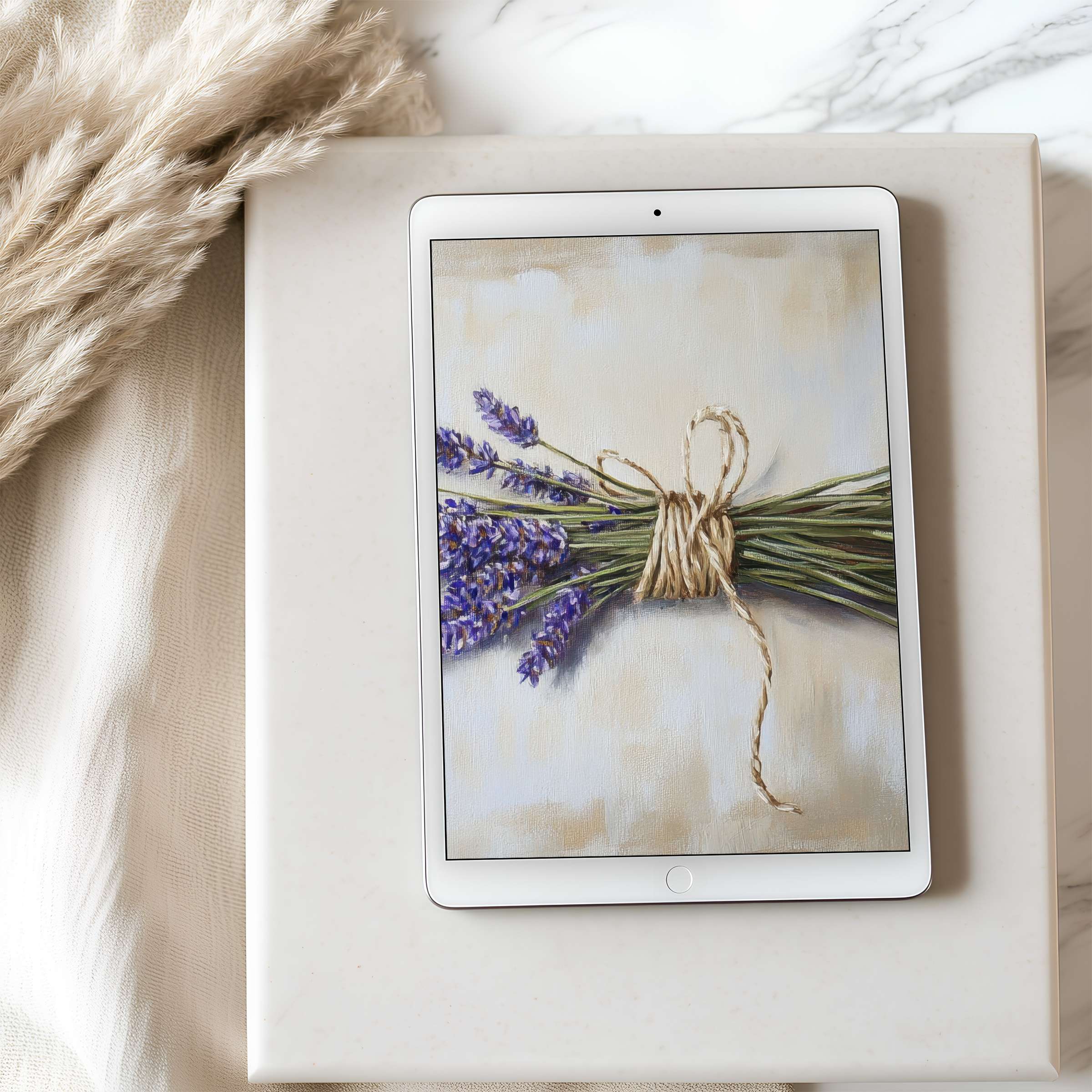 Lavender bouquet tablet wallpaper in high resolution, perfect for iPad or Android digital download, adds elegance and calm to any setting
