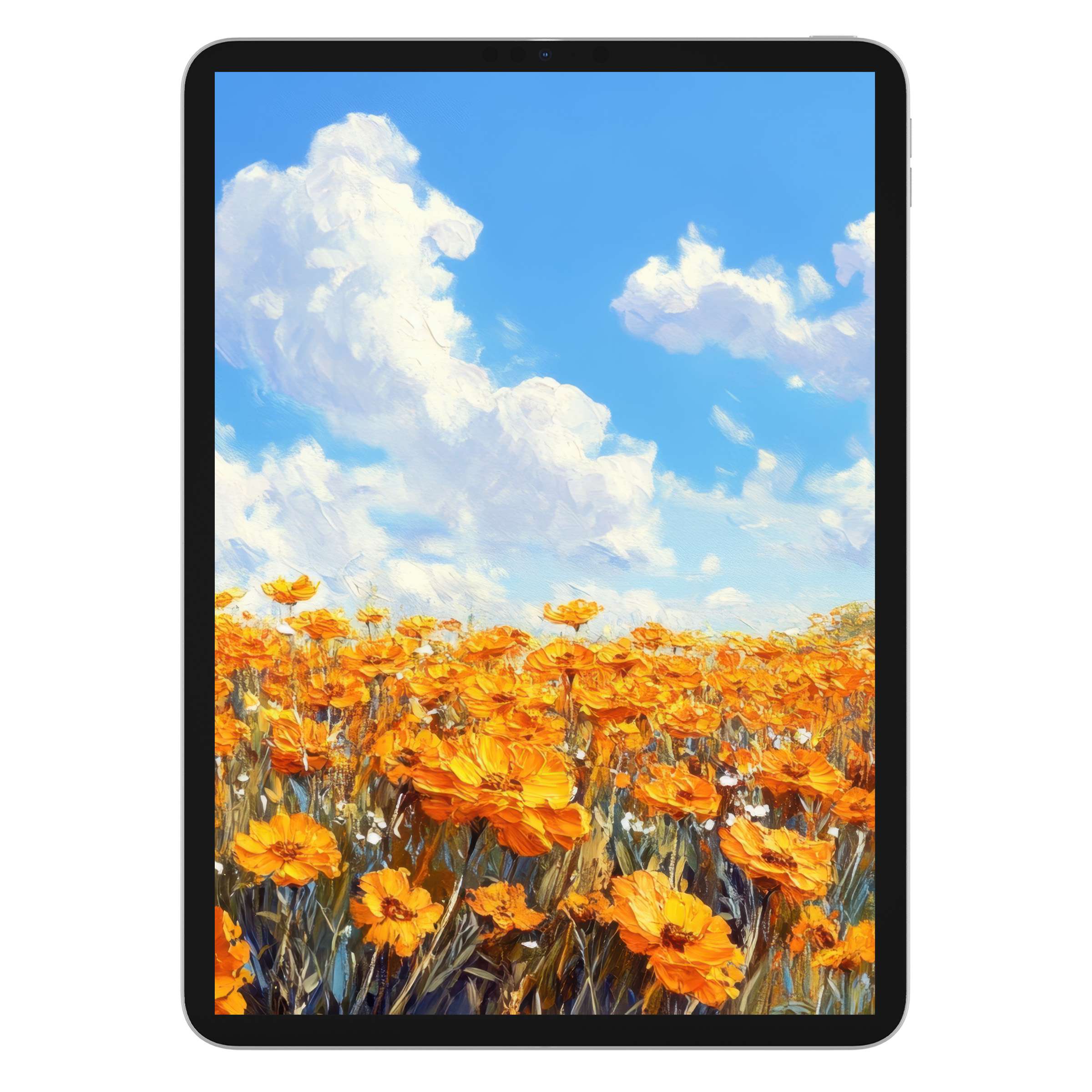 Elegant floral iPad wallpaper showcasing vibrant orange flowers under a serene sky ideal for tablet background digital download