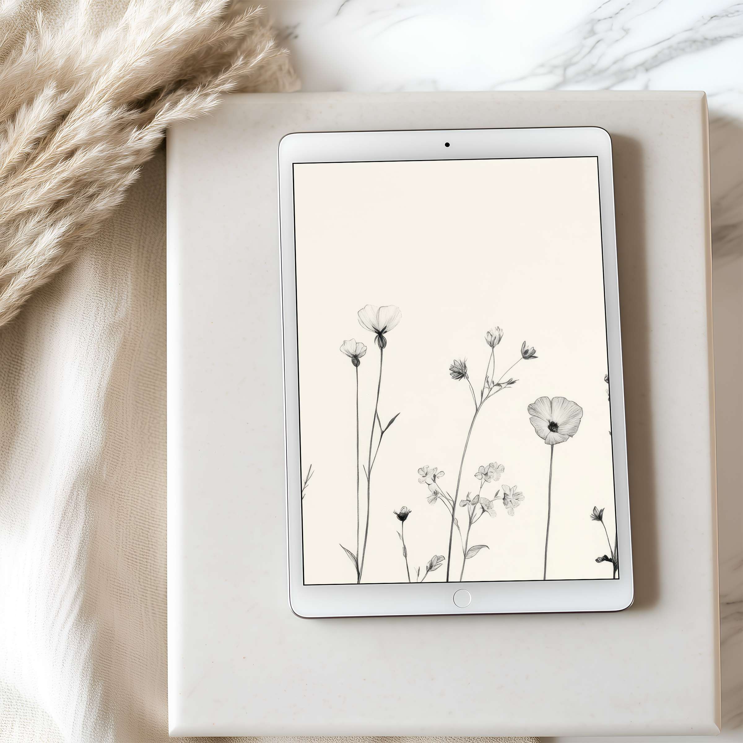 Elegant floral tablet wallpaper features delicate black and white flowers, perfect for iPad and Android tablets, digital download
