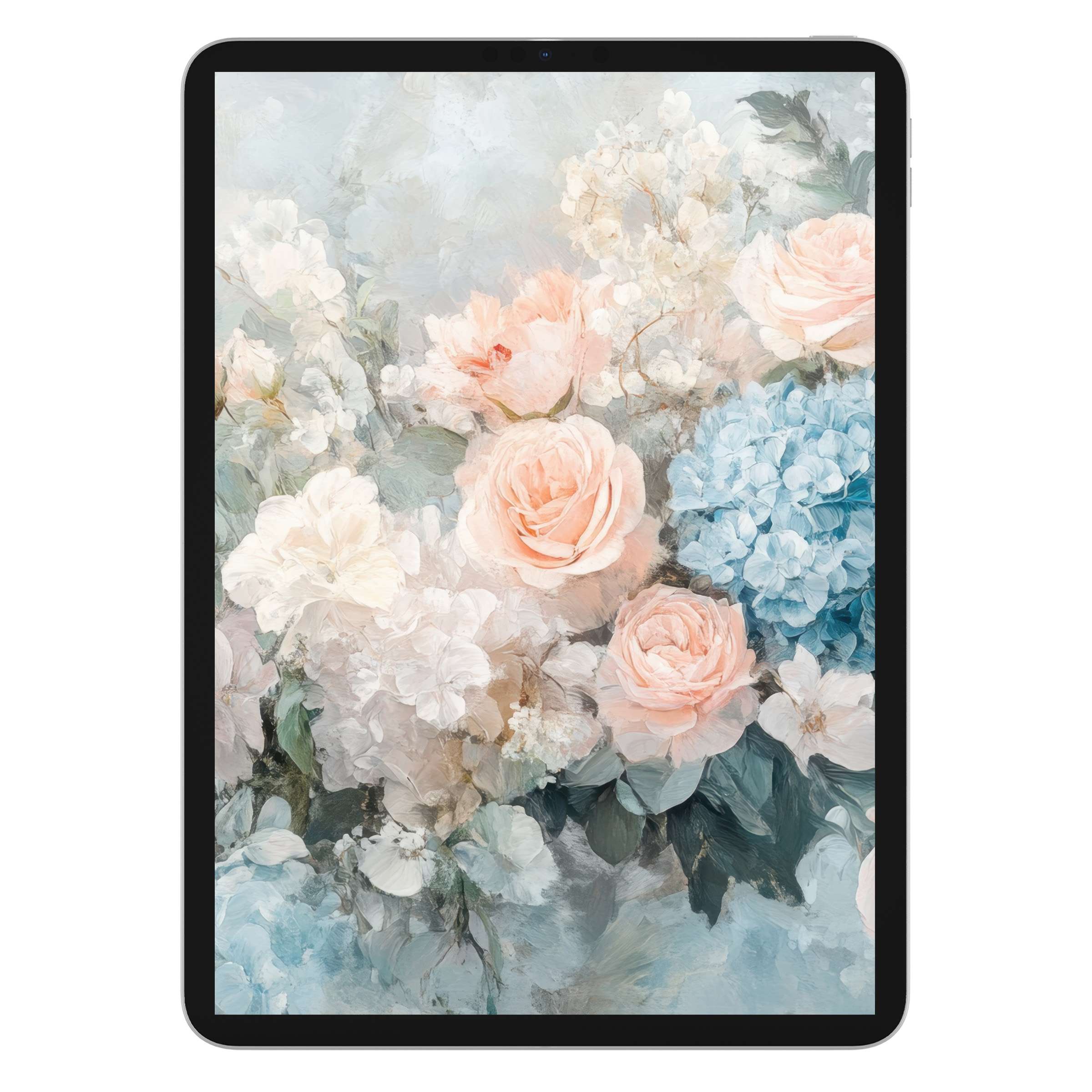 Elegant floral iPad wallpaper with pastel roses and hydrangeas offers serene digital download for tablet background art lovers