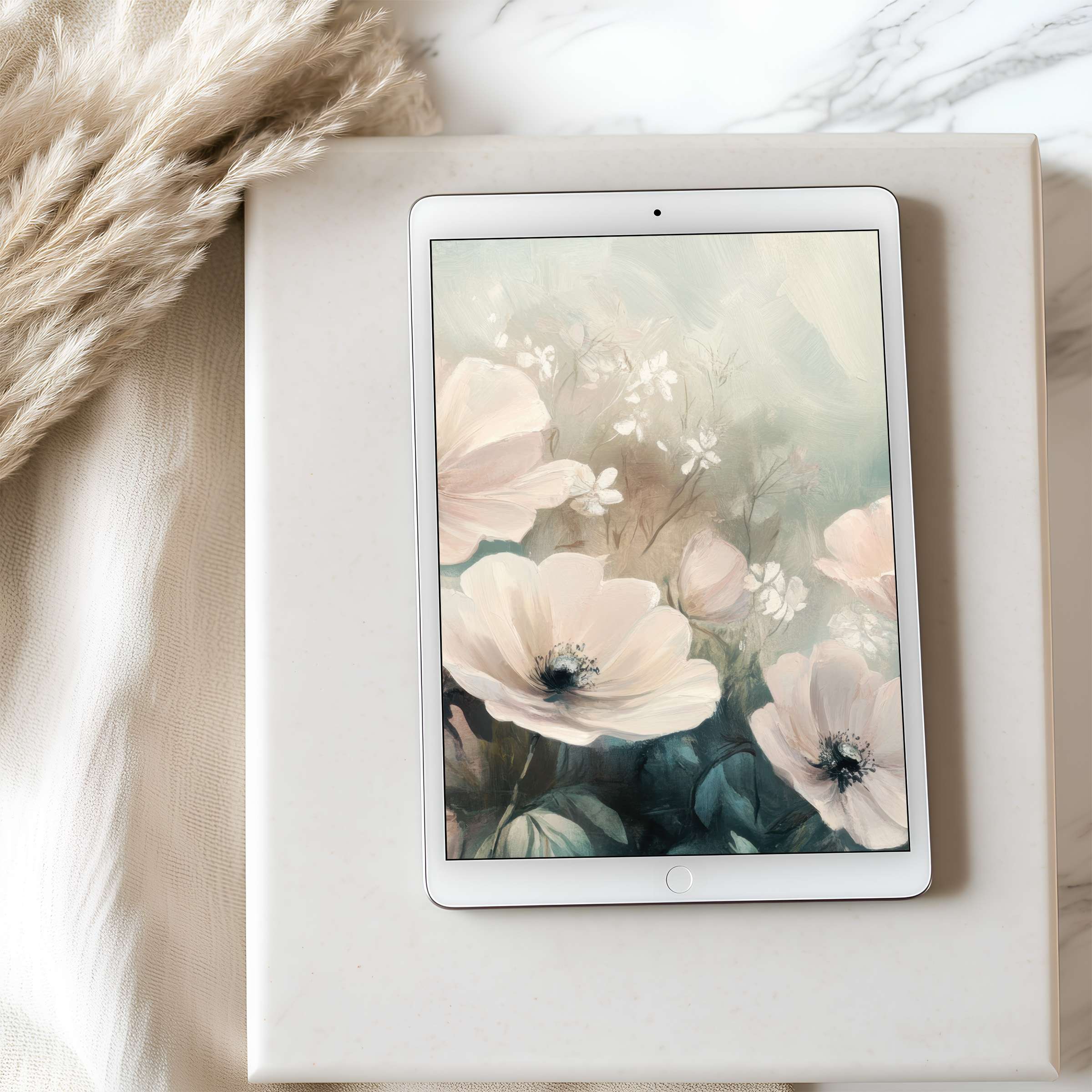 Elegant floral tablet wallpaper in soft pastels offers a serene backdrop for iPad or Android, ideal for digital download and high resolution