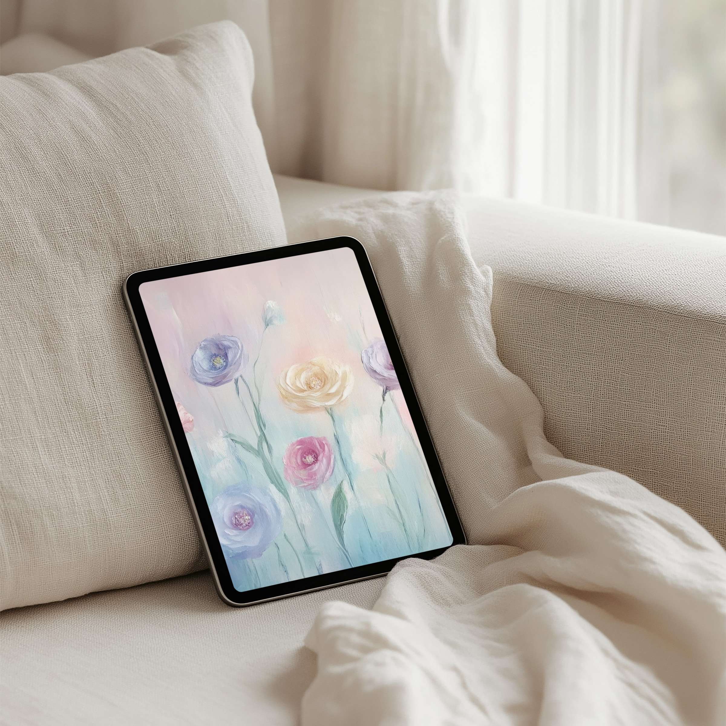 Soft pastel florals create a serene iPad background for instant download, enhancing mindfulness on your tablet with elegance and calm