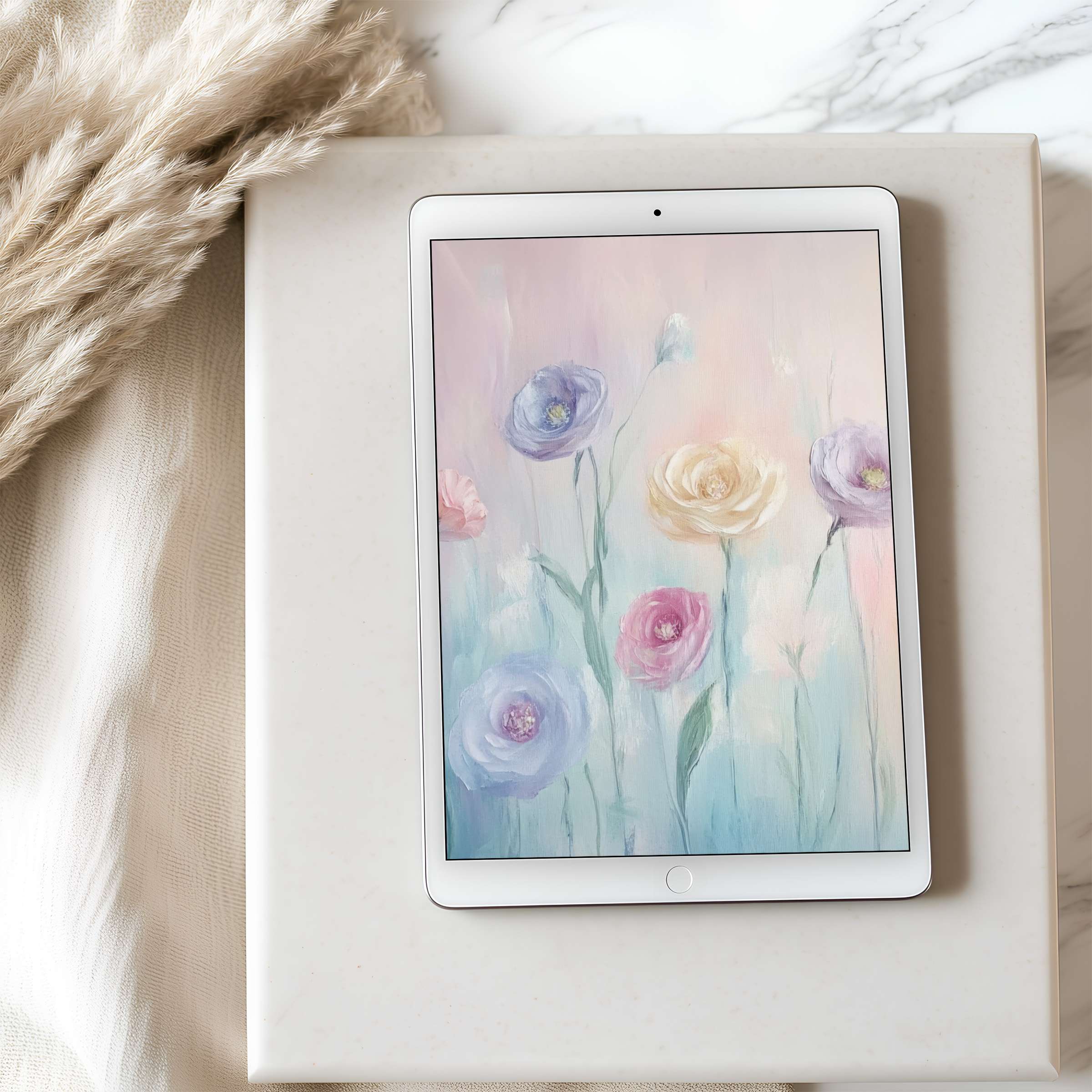 Elegant tablet wallpaper featuring pastel floral art evokes calmness, perfect for high-resolution iPad and Android downloads enhancing any space