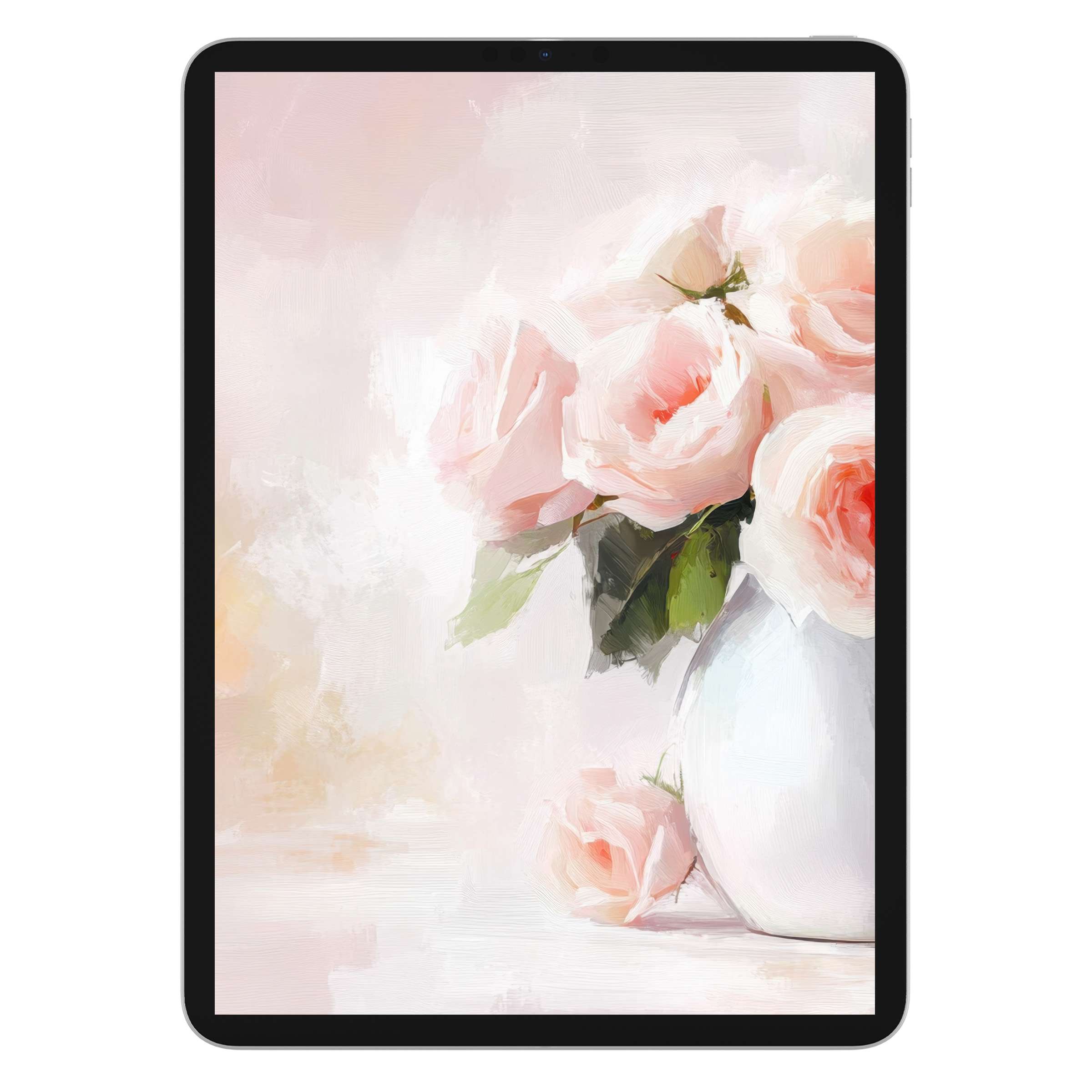 Elegant floral iPad wallpaper digital download featuring soft pink roses in a vase, perfect for a calming tablet background