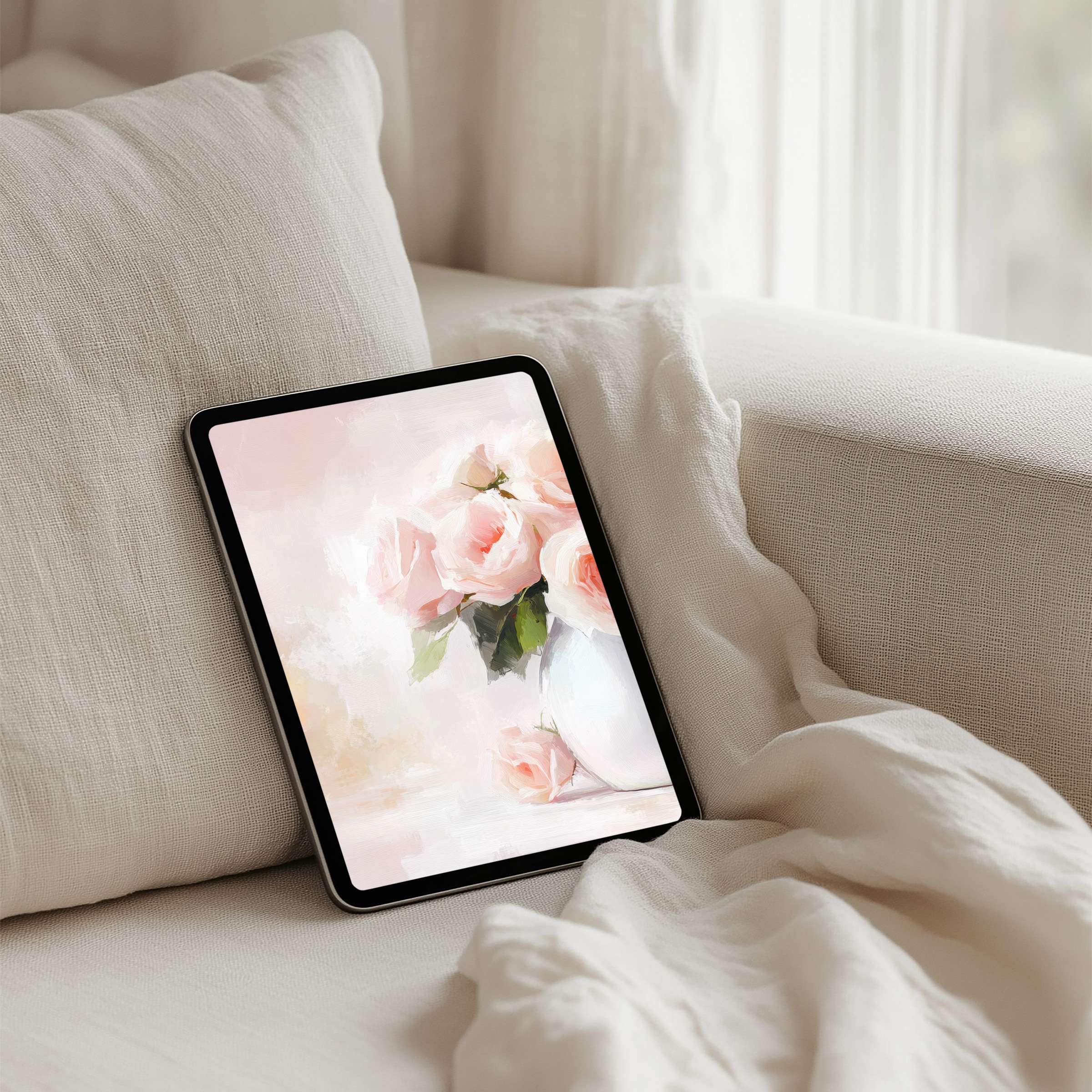 Elegant floral iPad background on soft beige sofa evokes calm inspiration instant download for tablet including Samsung Android