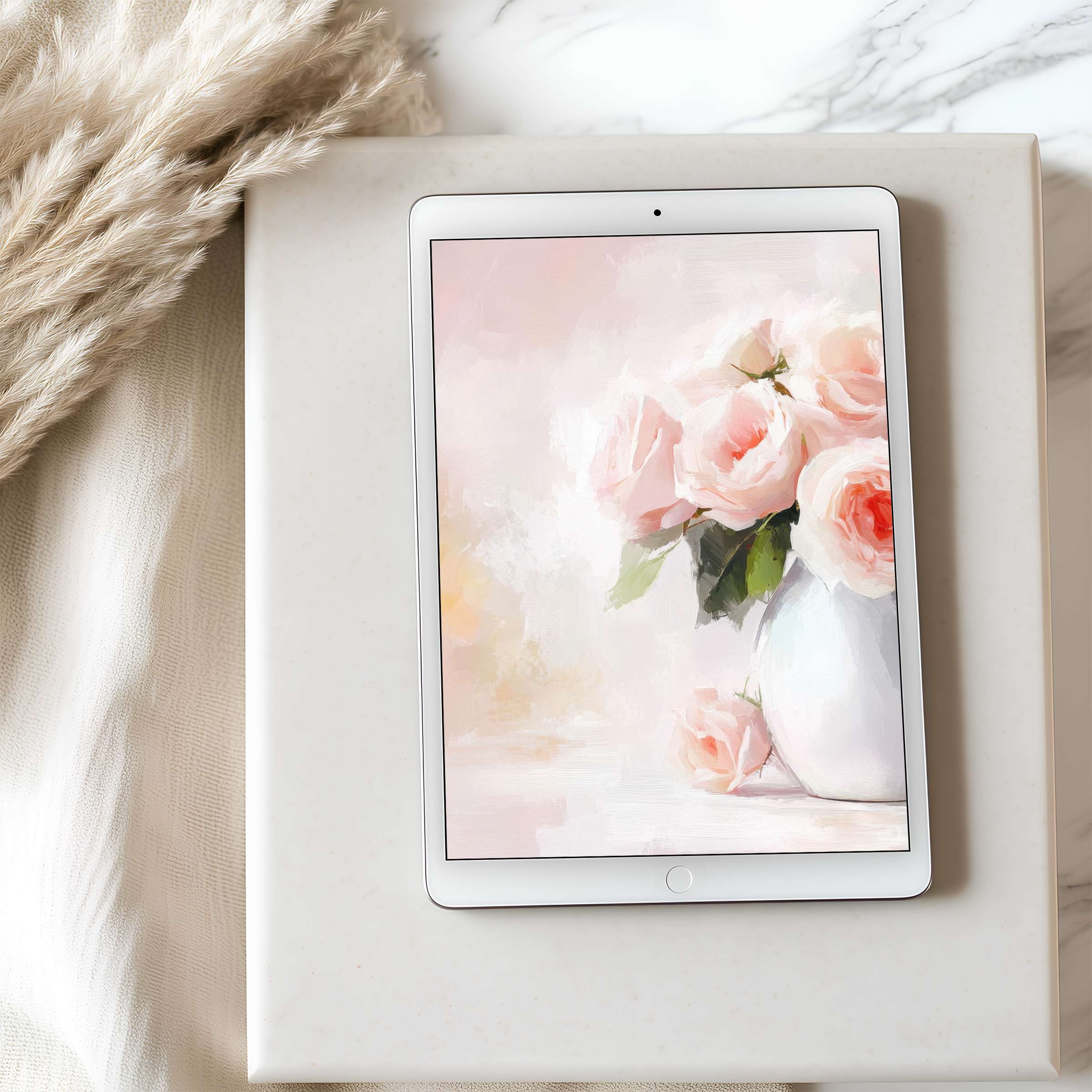 Elegant tablet wallpaper featuring soft pink roses in a vase, perfect for iPad or Android devices, offering serenity in a high resolution digital download