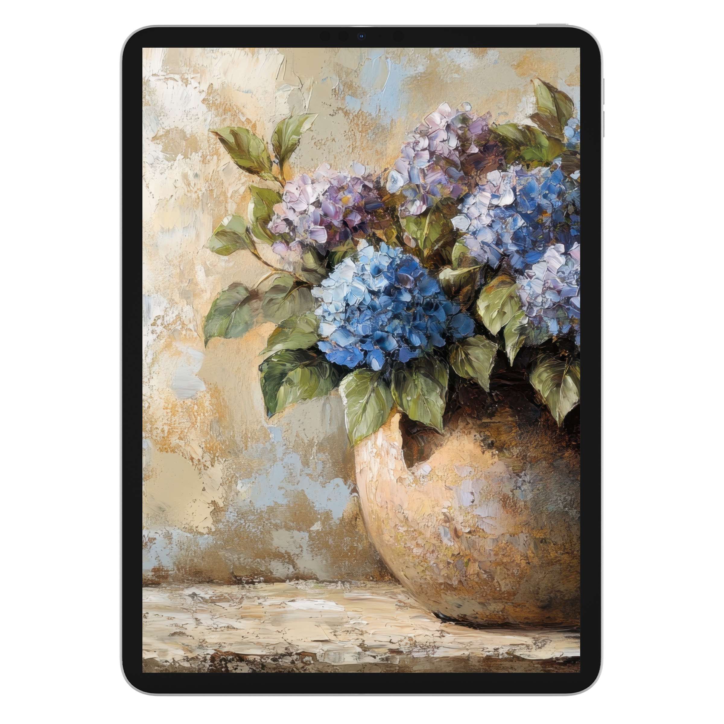 Floral iPad wallpaper featuring vibrant hydrangeas in a textured vase, creating a serene digital download for tablet backgrounds